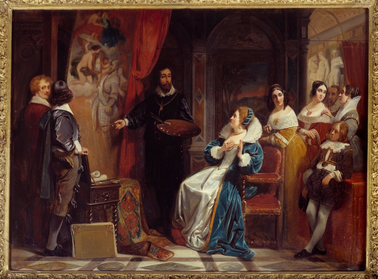 Königin von Frankreich Marie de Medicis (1573-1642) besucht die Werkstatt des Malers Pierre Paul Rubens (1577-1640). Gemälde von Claudius Jacquand (1804-1878) von Claude Jacquand