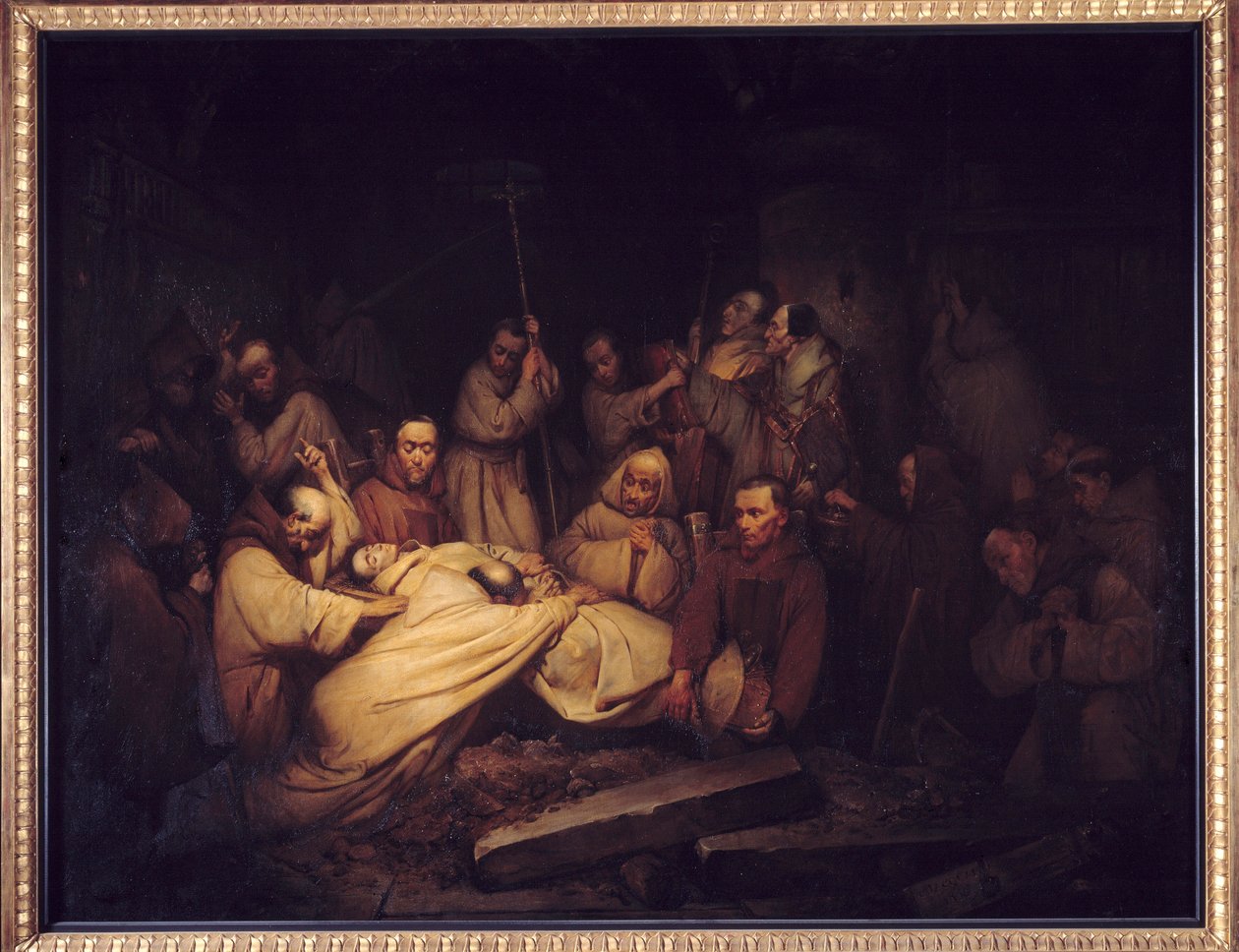 Der Graf von Comminges. Letzte Szene der Denkwürdigkeiten des Grafen von Comminges, die den Grafen von Comminges zeigt, wie er Adelaide nach seinem Tod erkennt. von Claude Jacquand