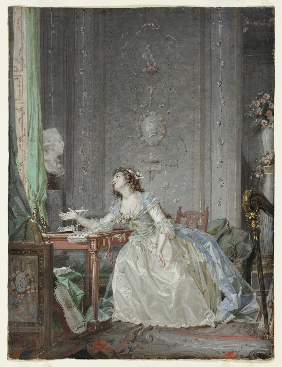Innenraum mit Porträt einer jungen Dame vor einer Büste von Claude Jean Baptiste Hoin