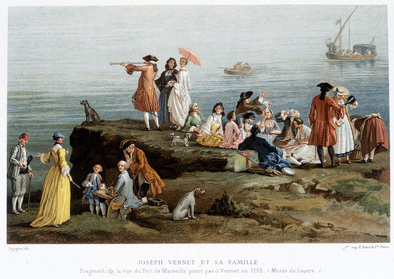 Joseph Vernet und seine Familie - Reproduktion des 19. Jahrhunderts eines Fragments der Ansicht des Hafens von Marseille, gemalt von Vernet 1753 (Louvre Museum) von Claude Joseph (after) Vernet