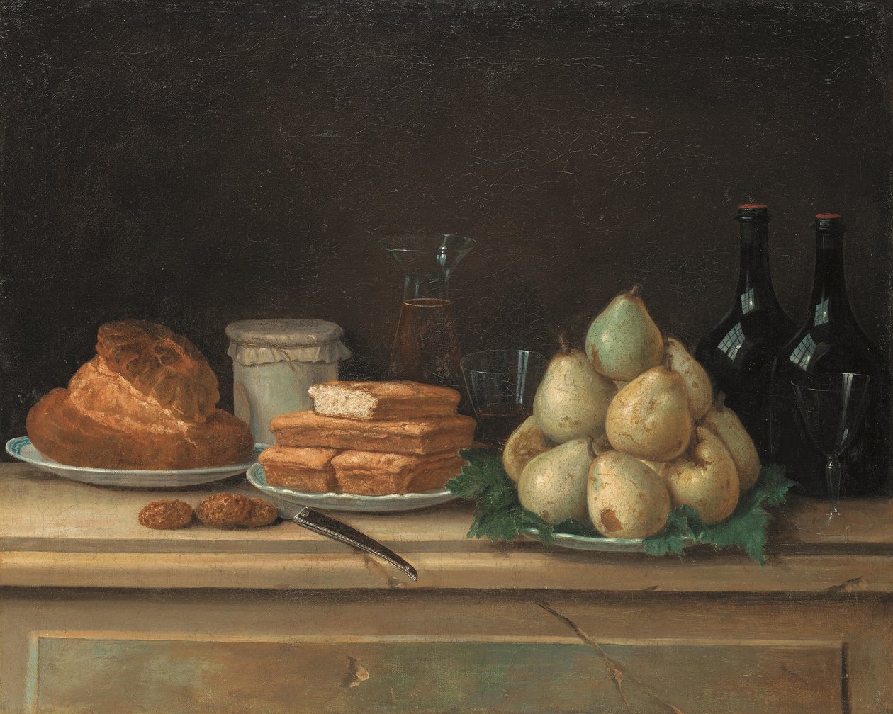 Birnen und Brot auf Tellern, mit Weinflaschen und Gläsern auf einem Steinsims von Claude Joseph Fraichot