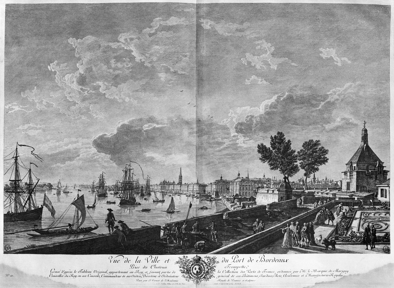 Blick auf die Stadt und den Hafen von Bordeaux vom Château Trompette aus, Serie "Les Ports de France", graviert von Charles Nicolas Cochin dem Jüngeren von Claude Joseph Vernet