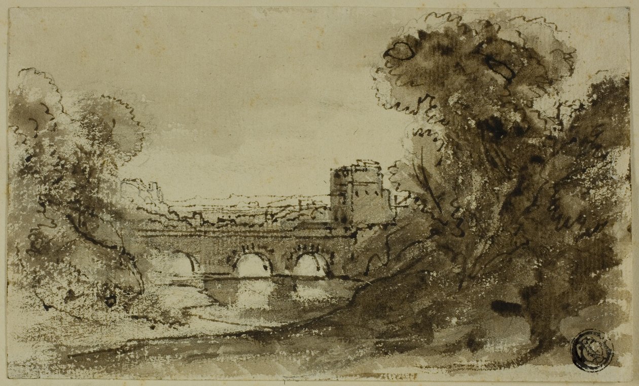 Italienische Flusslandschaft mit Brücke und Turm von Claude Lorrain