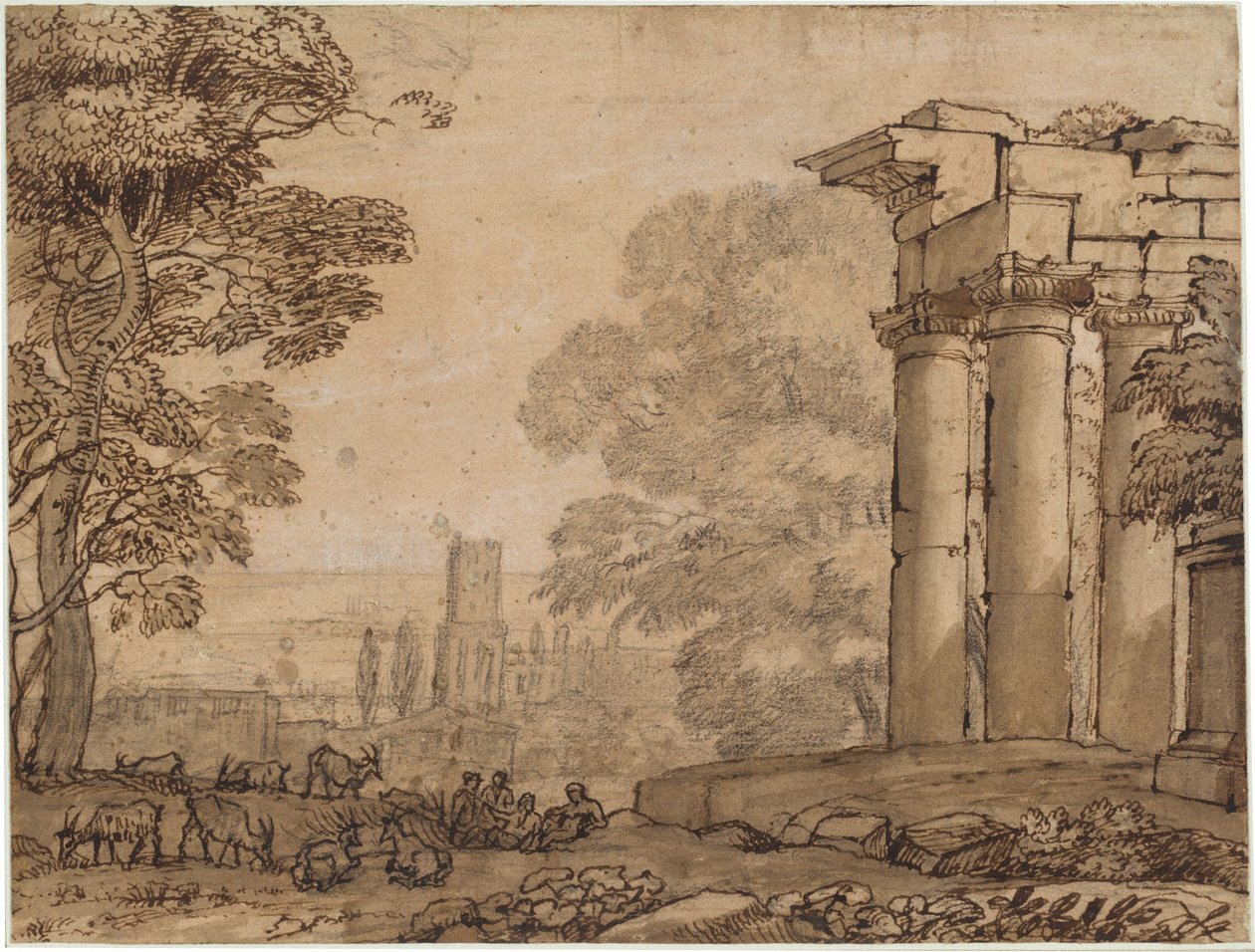 Landschaft mit Ruinen, pastoralen Figuren und Bäumen von Claude Lorrain