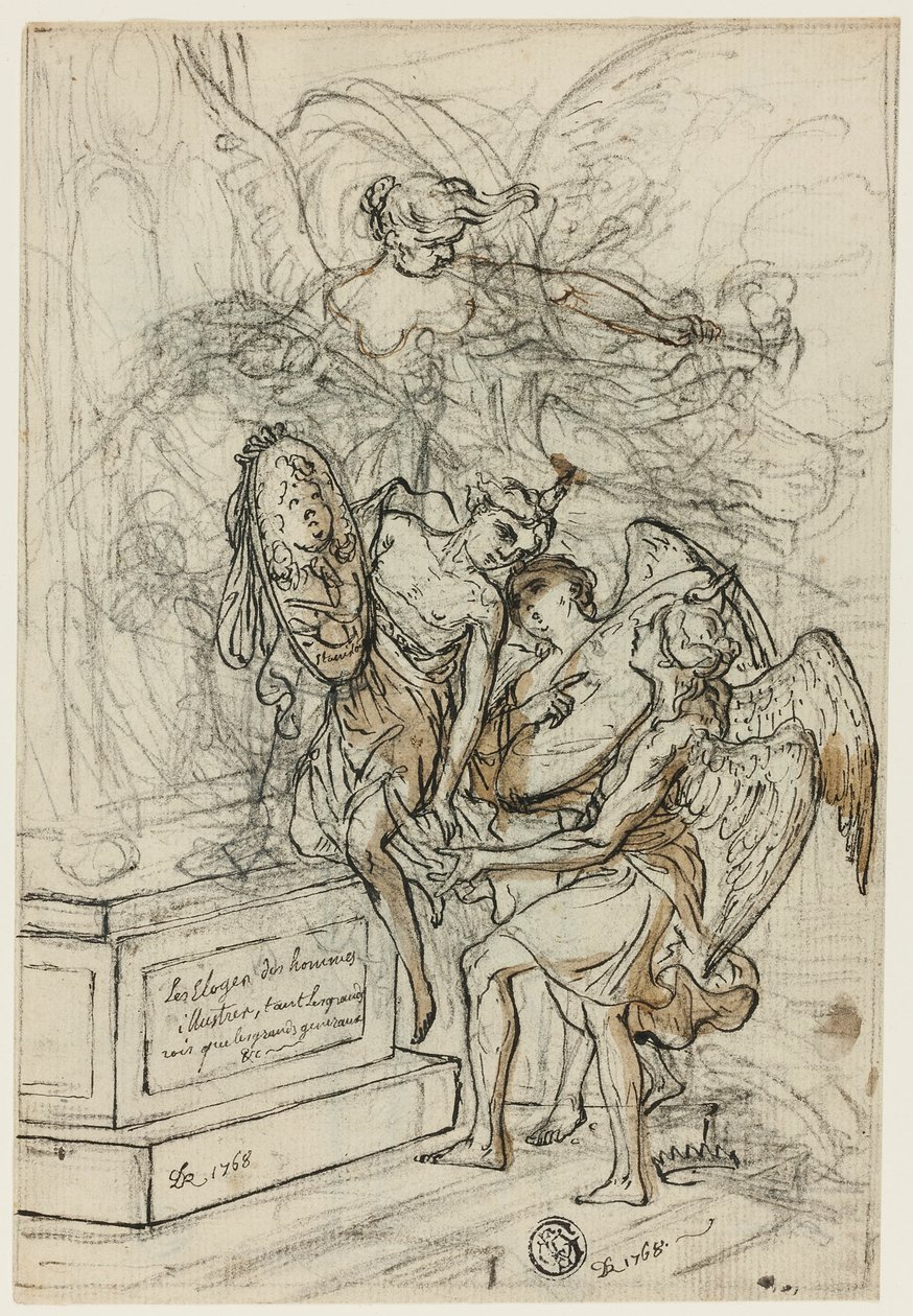 Allegorie zu Ehren von König Stanislas Leczynski (recto); Skizze eines stehenden Mannes mit ausgebreiteten Armen (verso) von Claude Louis Desrais