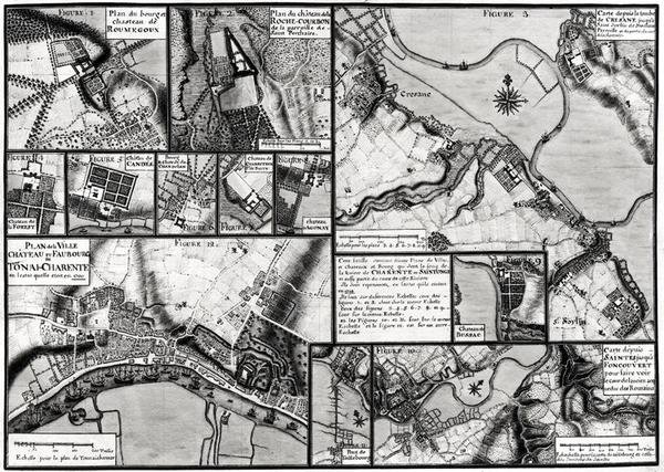 Fol.7 & 98 Karte der Städte und Schlösser entlang des Flusses Charente im Jahr 1714, aus Recueil des Plans de Saintonge von Claude Masse