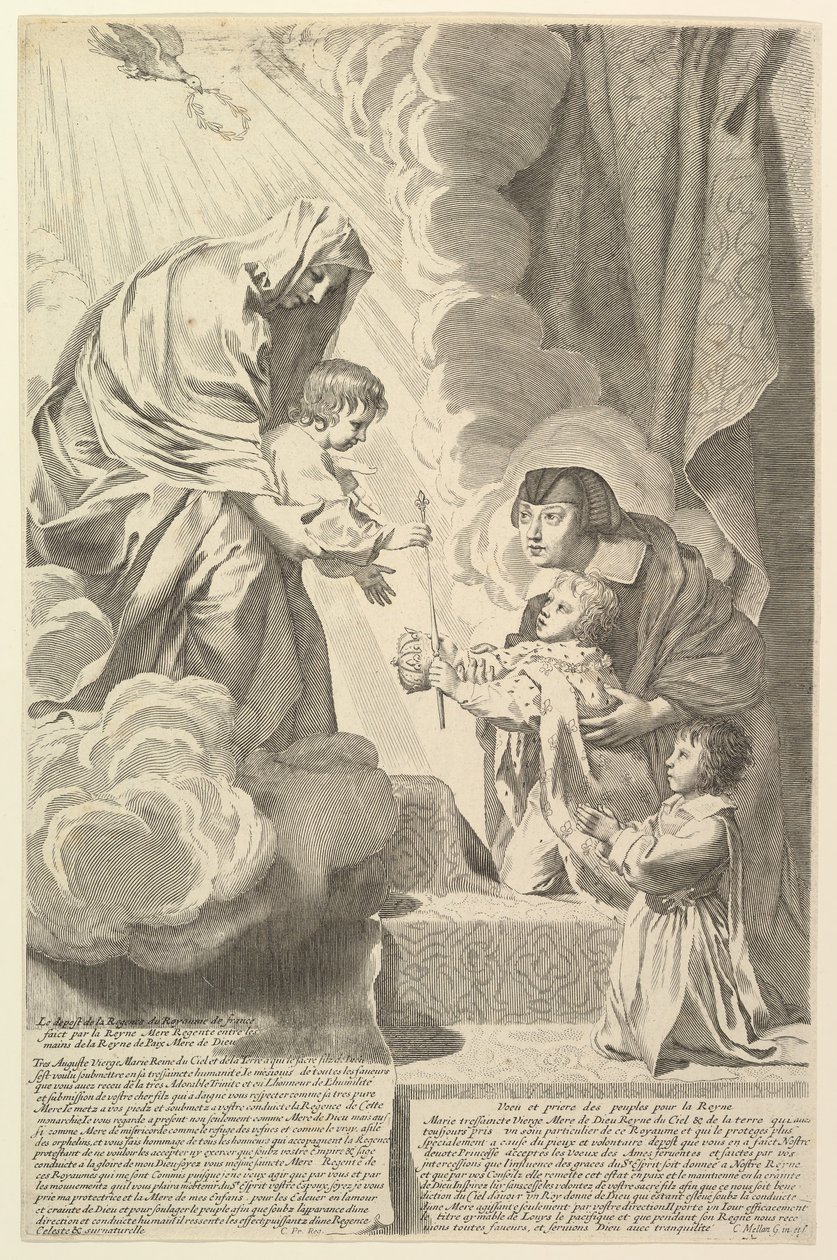 Anne von Österreich mit dem jungen Ludwig XIV. und Monsieur vor der Jungfrau und dem Kind von Claude Mellan