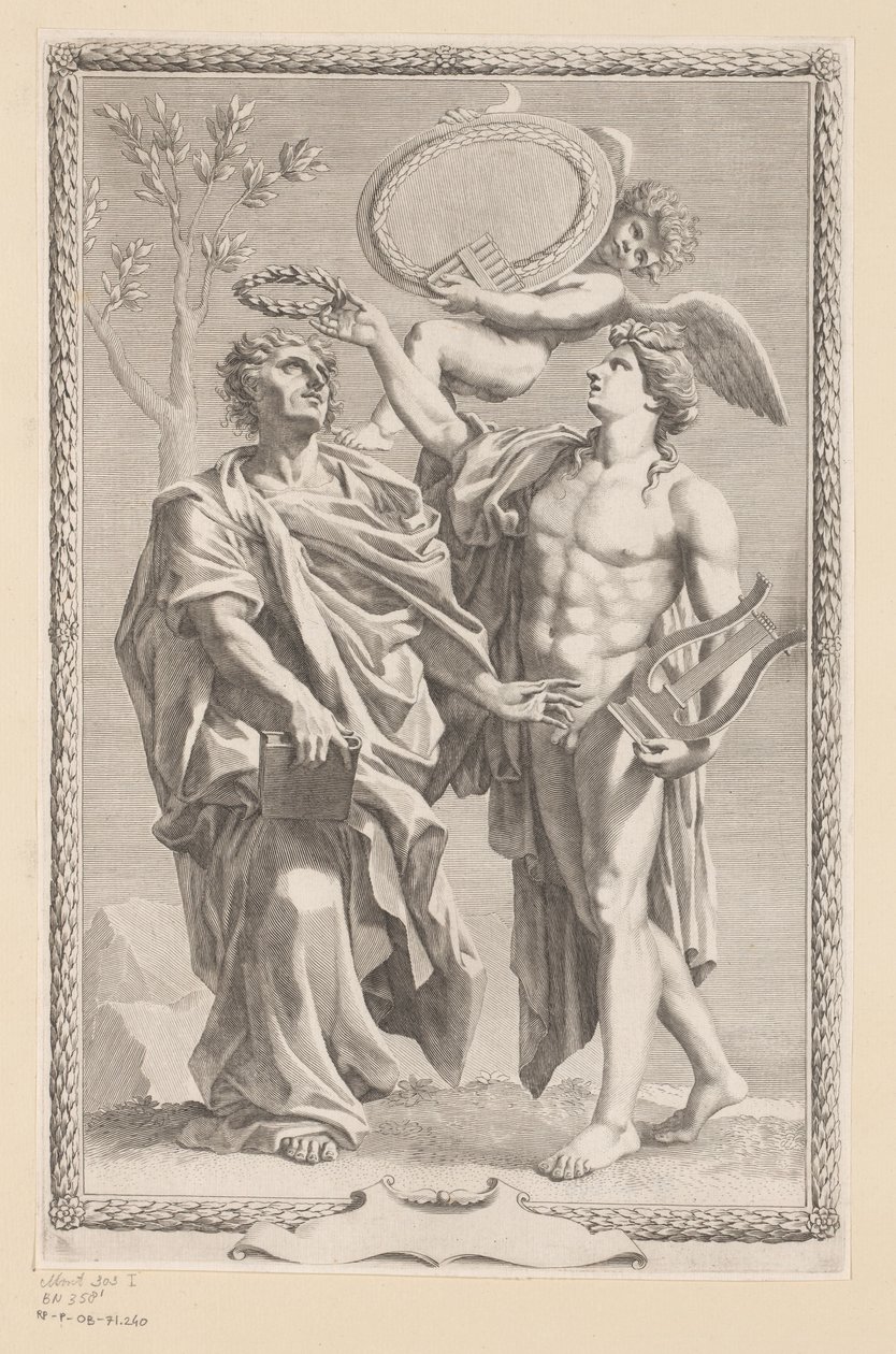 Apollo krönt Publius Vergilius Maro (Titelblatt für: Publius Vergilius Maro, Publii Virgilii Maronis Opera, 1641) von Claude Mellan