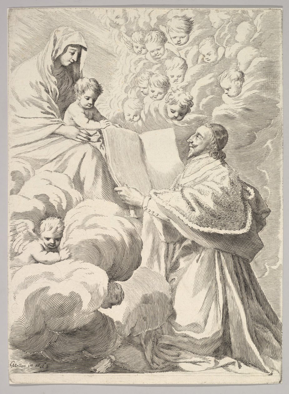 Kardinal Richelieu, kniend, überreicht sein Buch der Jungfrau und dem Kind, ca. 1646 von Claude Mellan