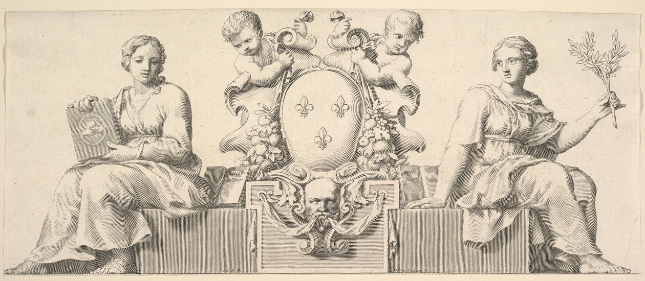 Die Waffen Frankreichs begleitet von Personifikationen von Gesetz und Treu, 1664 von Claude Mellan