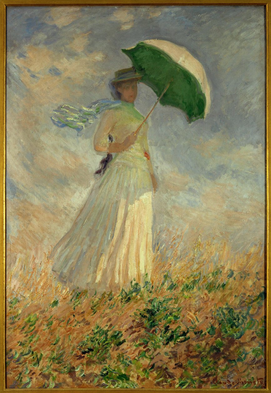 Frau mit Sonnenschirm nach rechts gewandt von Claude Monet