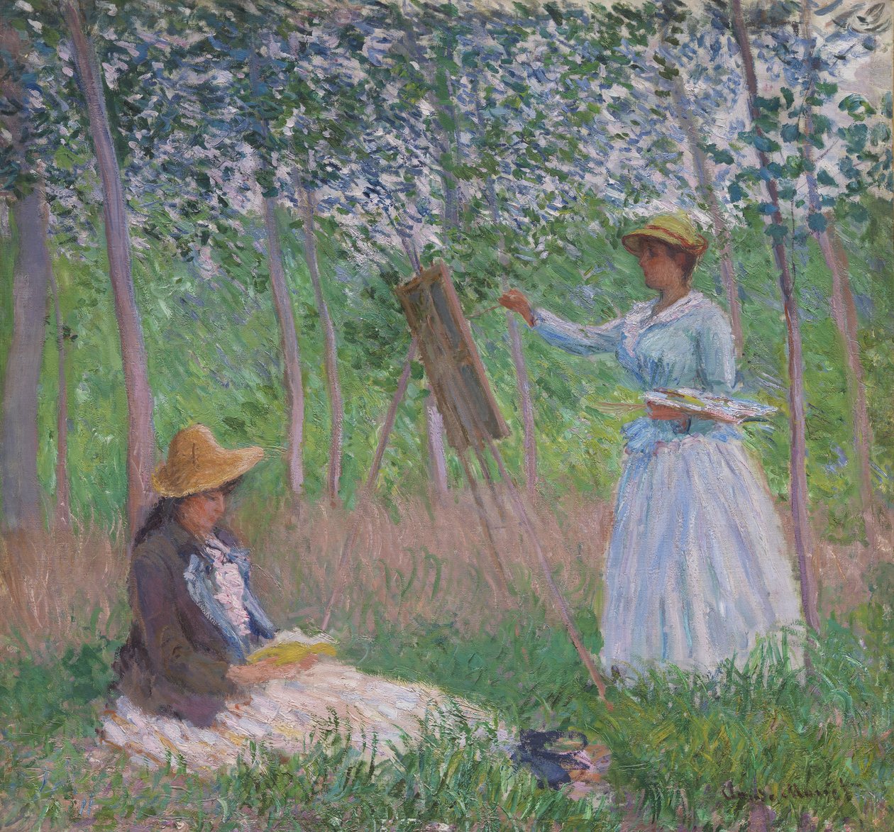 Im Wald von Giverny: Blanche Hoschedé an ihrer Staffelei mit Suzanne Hoschedé beim Lesen von Claude Monet