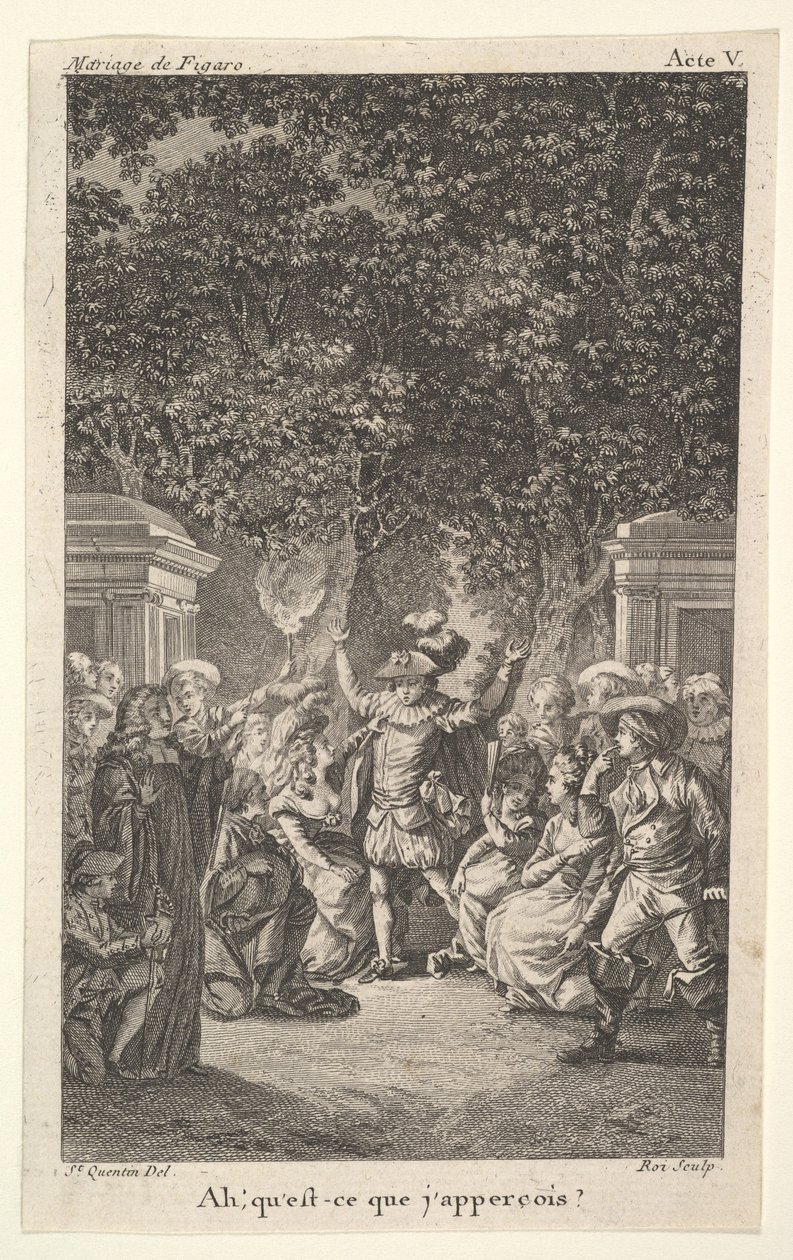 Ein Junge hält eine Fackel unter Bäumen in einem Garten, in der Mitte hebt ein Mann beide Arme von Claude Nicolas Malapeau