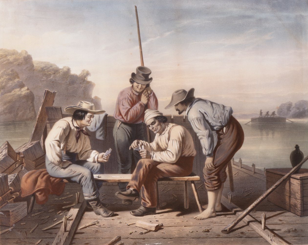 In einer Zwickmühle, Mississippi-Flößer beim Kartenspielen von Claude Régnier
