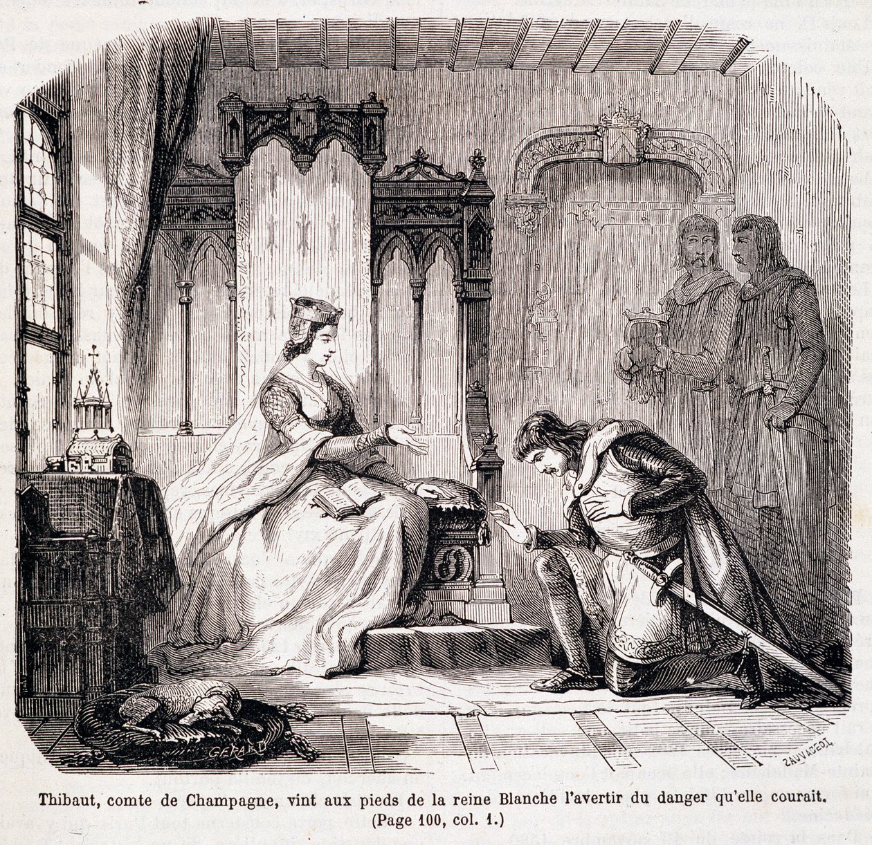 Thibaut, Graf von Champagne, kam zu den Füßen von Königin Blanche von Kastilien, um sie vor der Gefahr zu warnen, in der sie sich befand - in „Paris durch die Jahrhunderte“ von de Genouillac von Claude Sauvageot