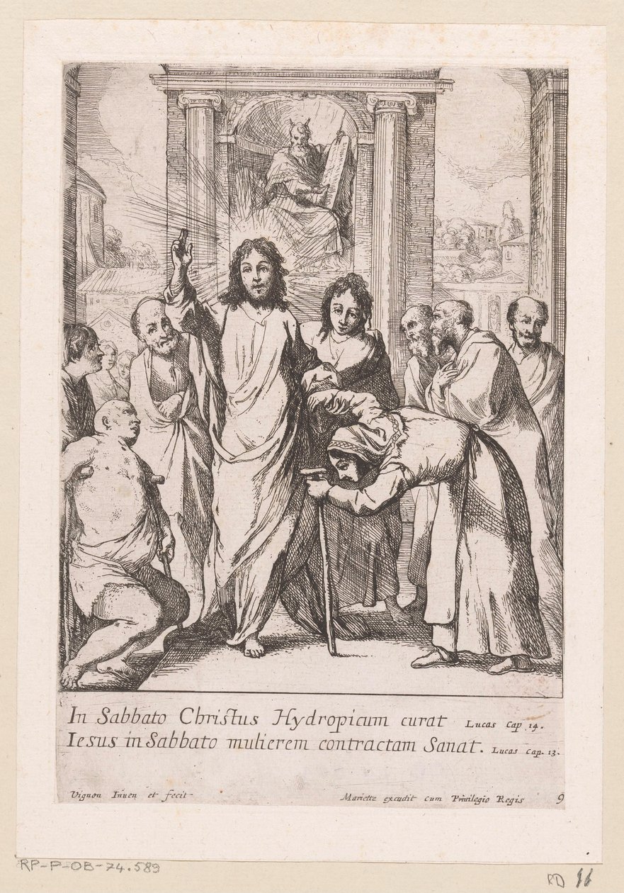 Heilung des gelähmten Mannes und der krummen Frau am Sabbat von Claude Vignon