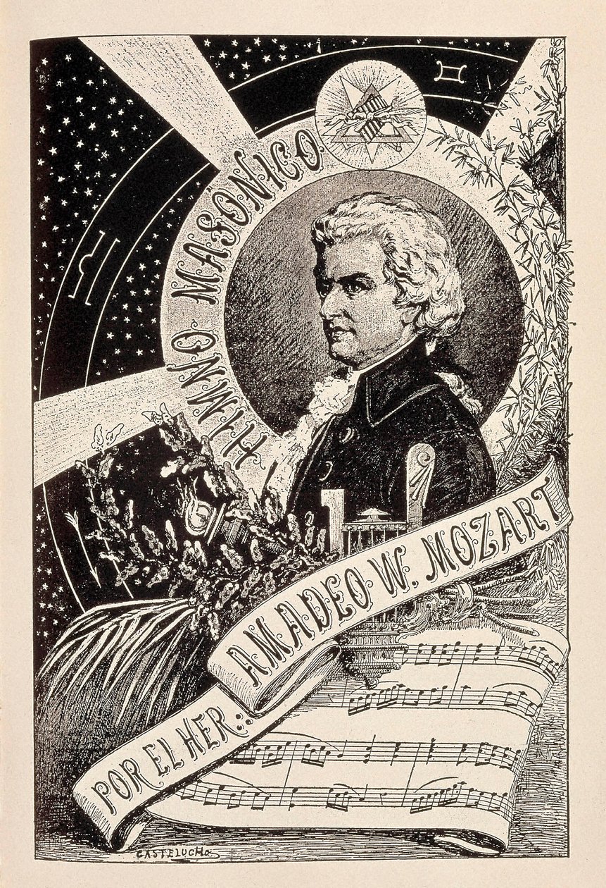 Darstellung des österreichischen Komponisten Wolfgang Amadeus Mozart (1756-1791), ein Freimaurer, der mit dem Enzyklopädischen Wörterbuch der Freimaurerei verbunden ist, Ende 19. - Anfang 20. Jahrhundert (Gravur) von Claudio Castelucho