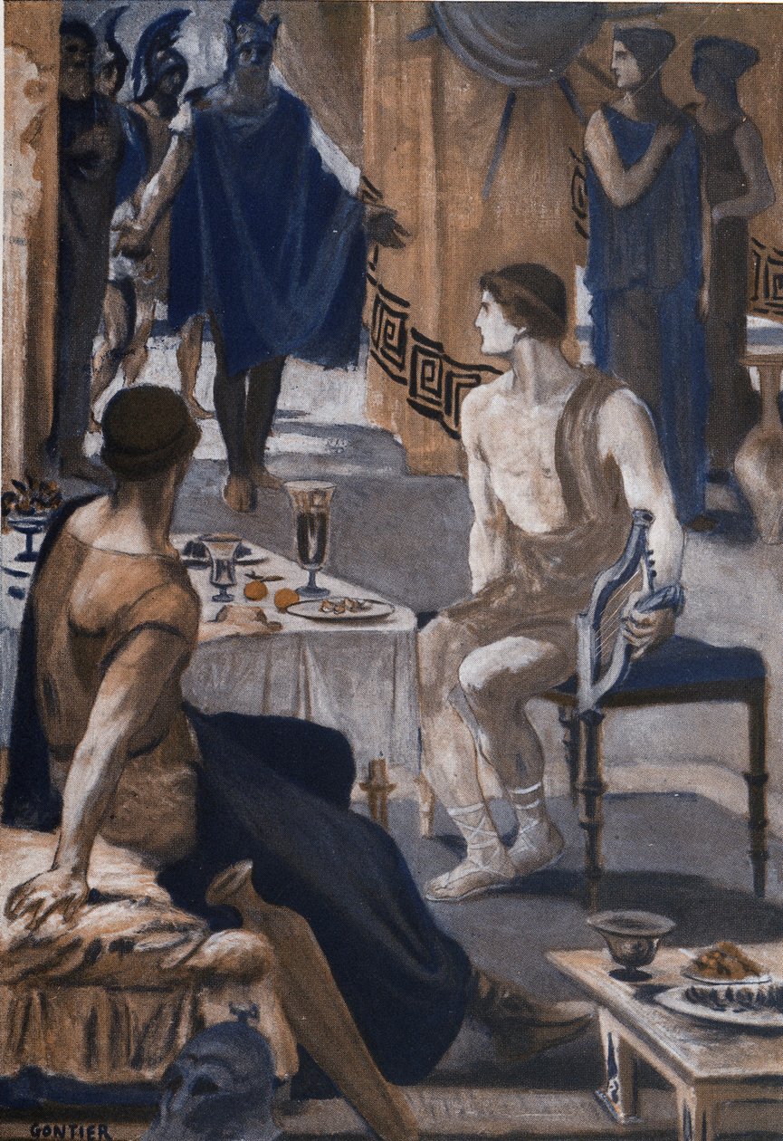 Achilles empfängt die Gesandten Agamemnons. Illustration von Clement Gontier (1876-1918) für Homers 