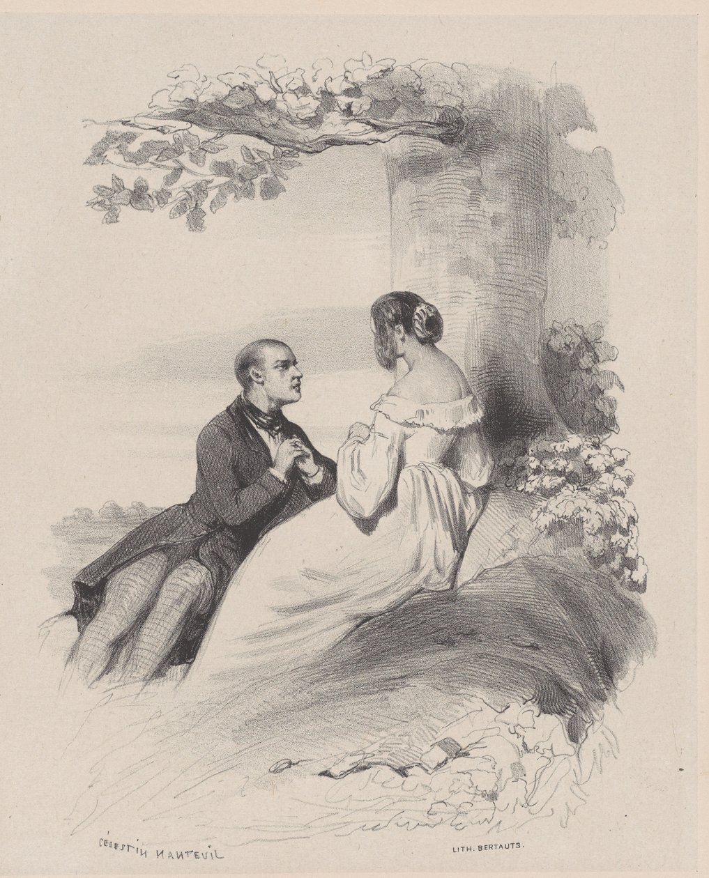 Mann macht einer Frau einen Antrag, deren Gesicht von Haaren verdeckt ist, ca. 1830-65 von Célestin Nanteuil
