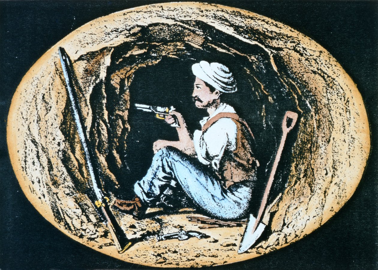 Britischer Pionier, bewaffnet mit Colt-Revolver, wartet in einer Mine auf den Durchbruch des feindlichen Gegensappers von Clifford Henry Mecham