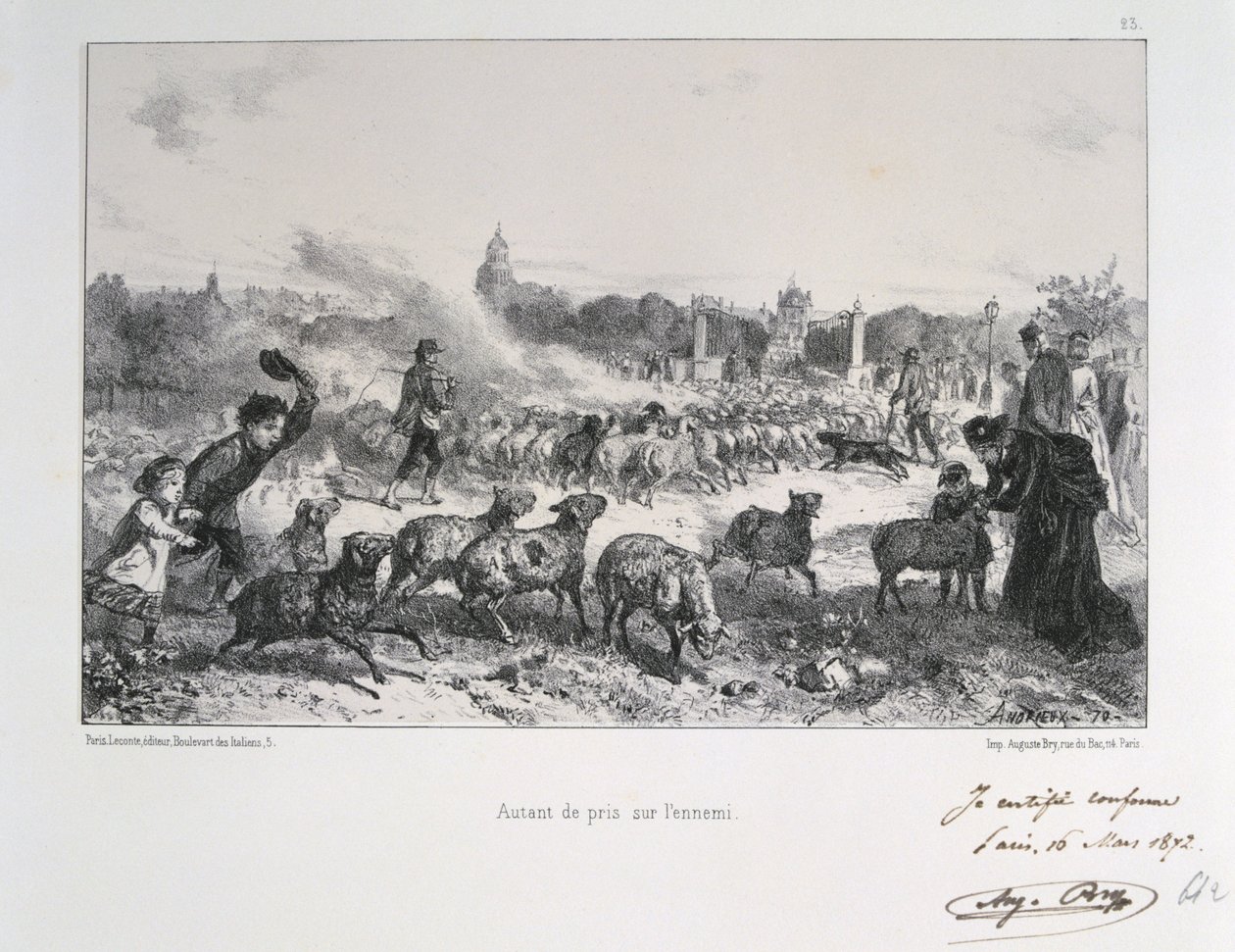 Französisch-Preußischer Krieg 1870-1871: Eine Schafherde vertreiben, um zu verhindern, dass sie in die Hände der Preußen fällt. Aus einer Serie von Lithografien von Clement August Andrieux über die Nationalgarden. von Clément Auguste Andrieux