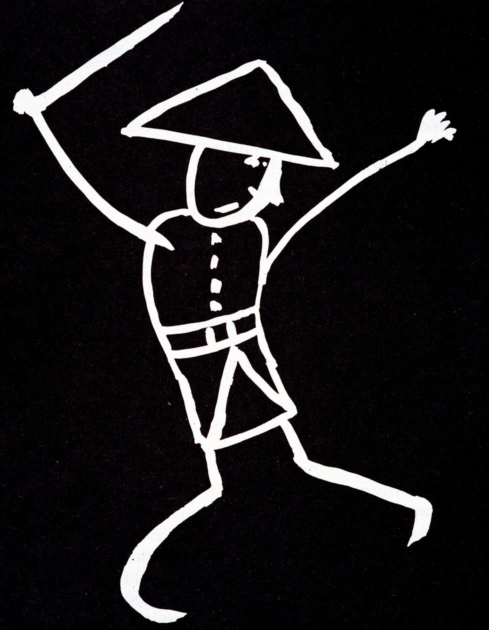 Charakter mit Hut, Uniform und Flügeln. Anime-Zeichnung von Emile Cohl (1857-1938) in Weiß auf Schwarz. von Cohl