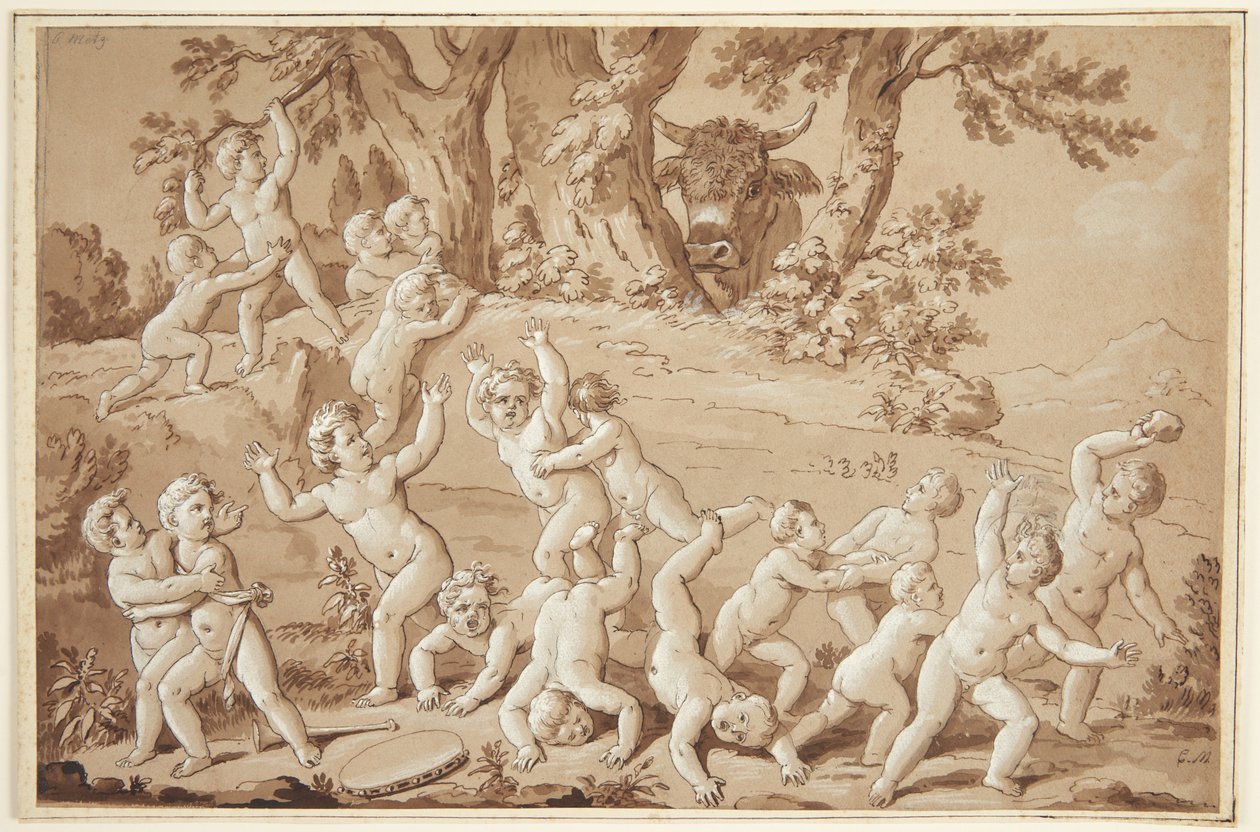 Eine große Gruppe von Putti in Schrecken versetzt durch die Ankunft eines Stiers von Conrad Martin Metz