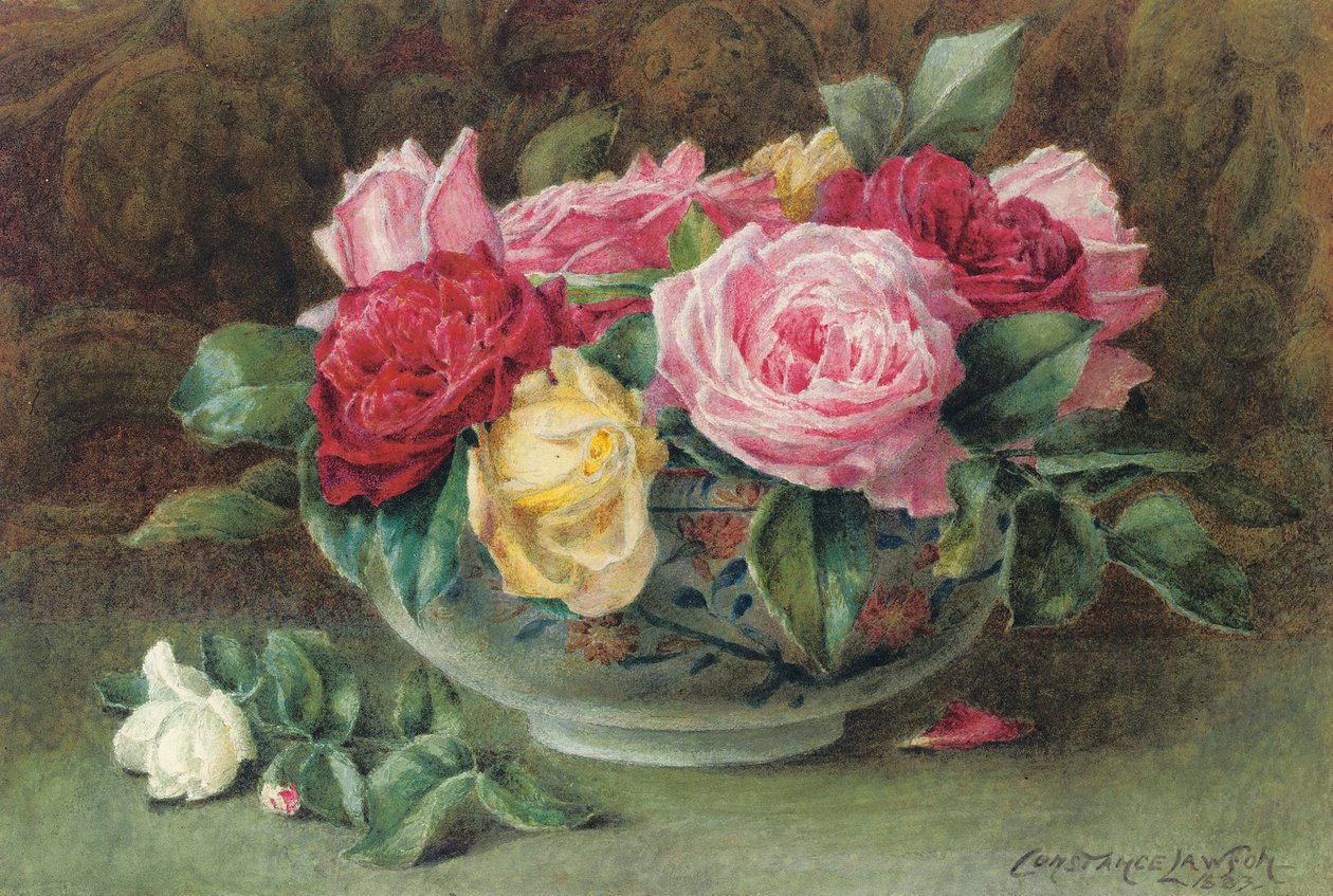 Stillleben mit einer Schale rosa, gelber und roter Rosen, 1883 von Constance Lawson