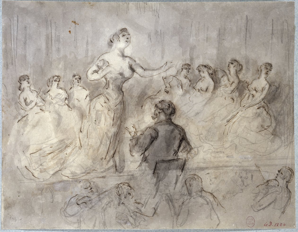 Szene aus einem Café-Konzert, Orchester und Sängerinnen, um 1875-1880 von Constantin Guys