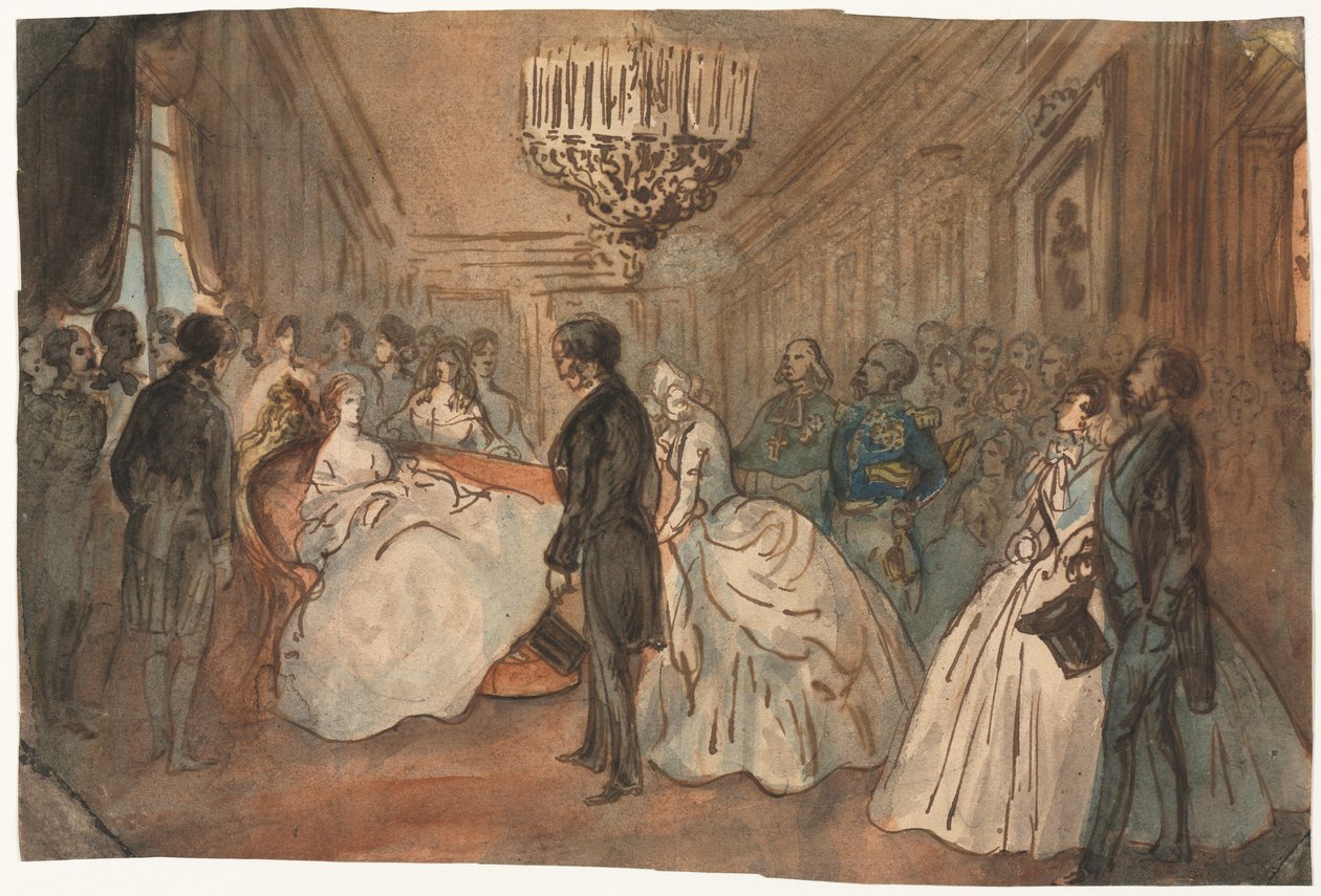 Die Kaiserin Eugénie empfängt das diplomatische Korps nach der Geburt des kaiserlichen Prinzen von Constantin Guys