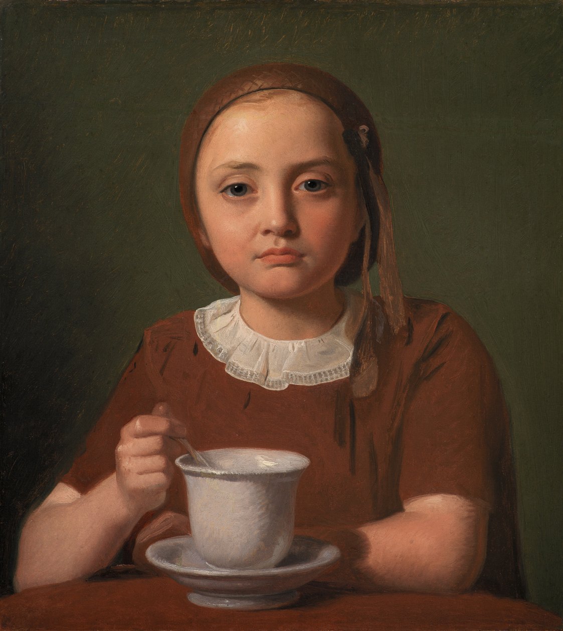 Porträt eines kleinen Mädchens, Elise Købke, mit einer Tasse vor sich von Constantin Hansen