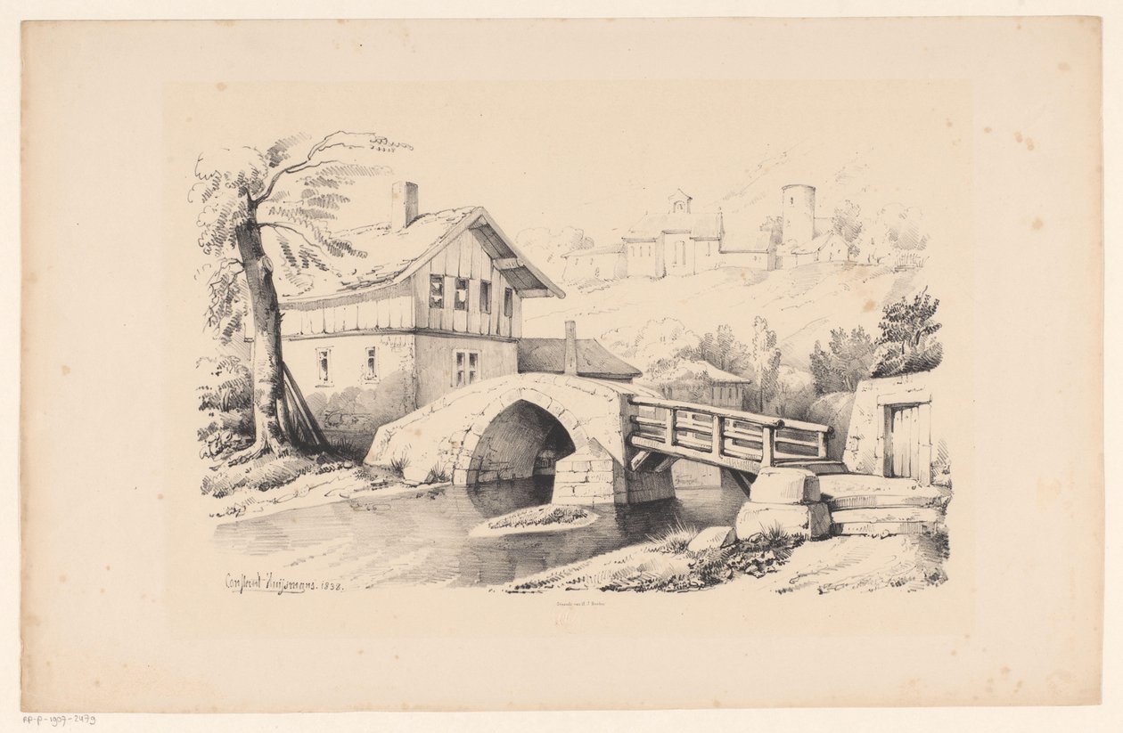 Brücke und Haus in hügeliger Landschaft von Constantinus Cornelis Huysmans