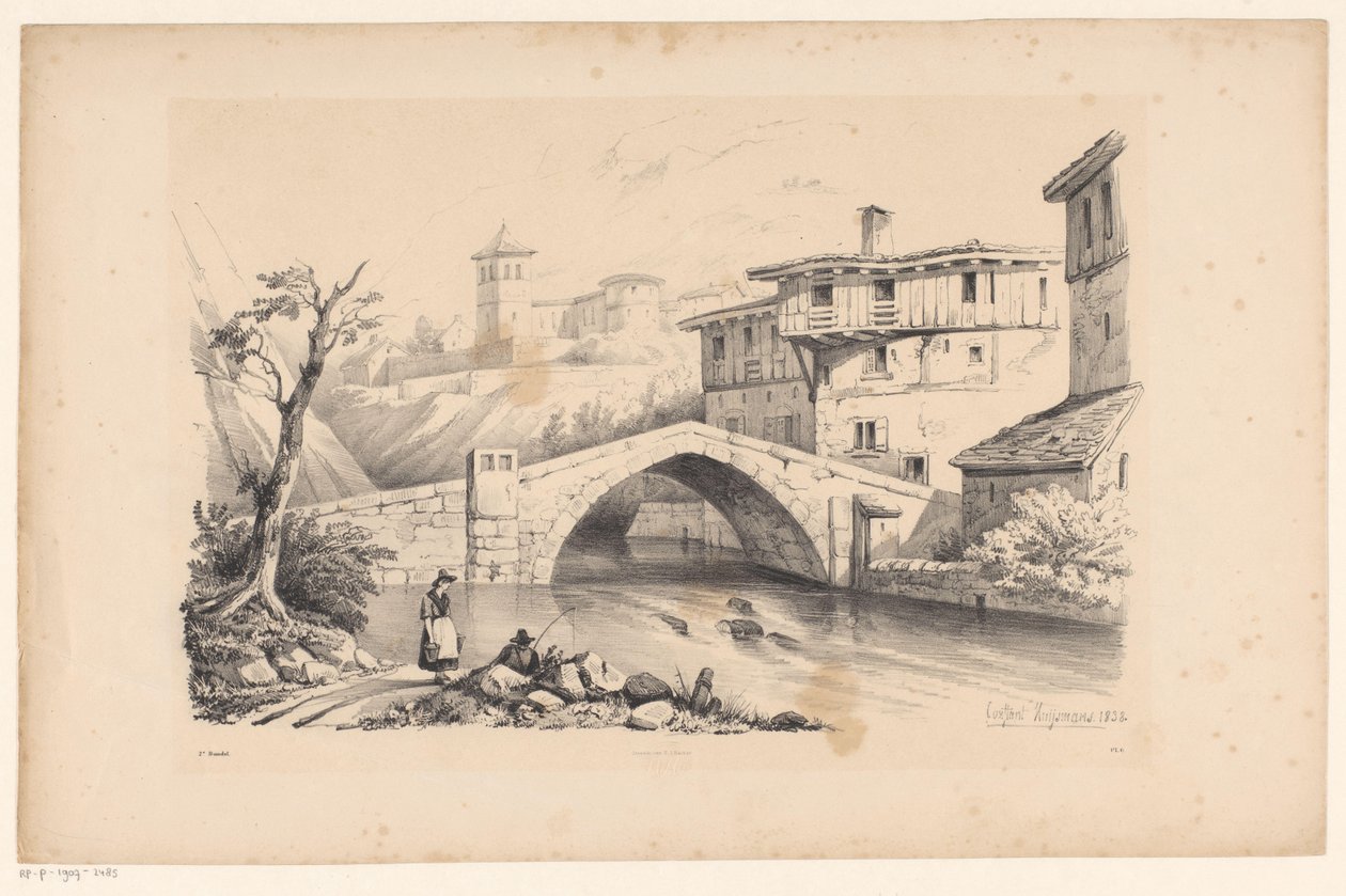 Brücke über Fluss im Bergdorf von Constantinus Cornelis Huysmans