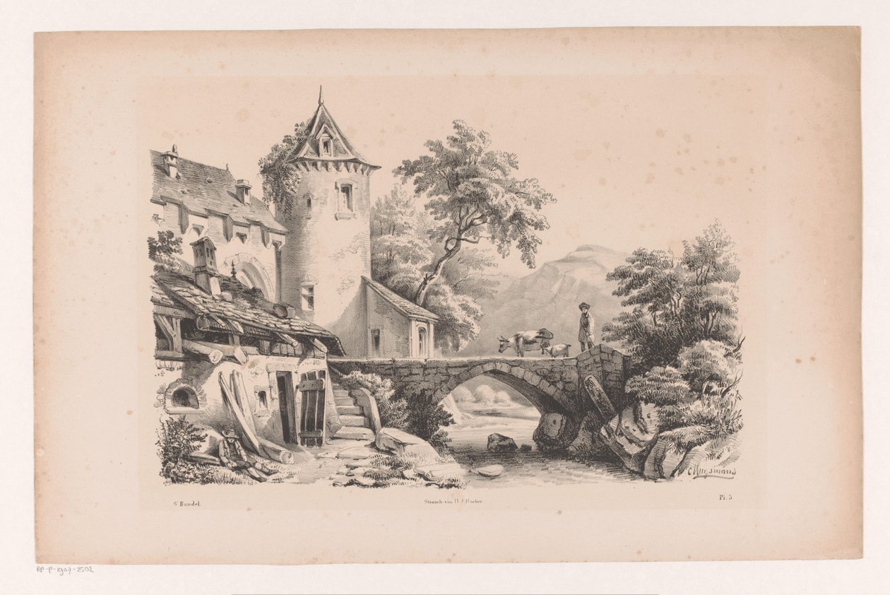 Häuser und Brücke in Berglandschaft von Constantinus Cornelis Huysmans