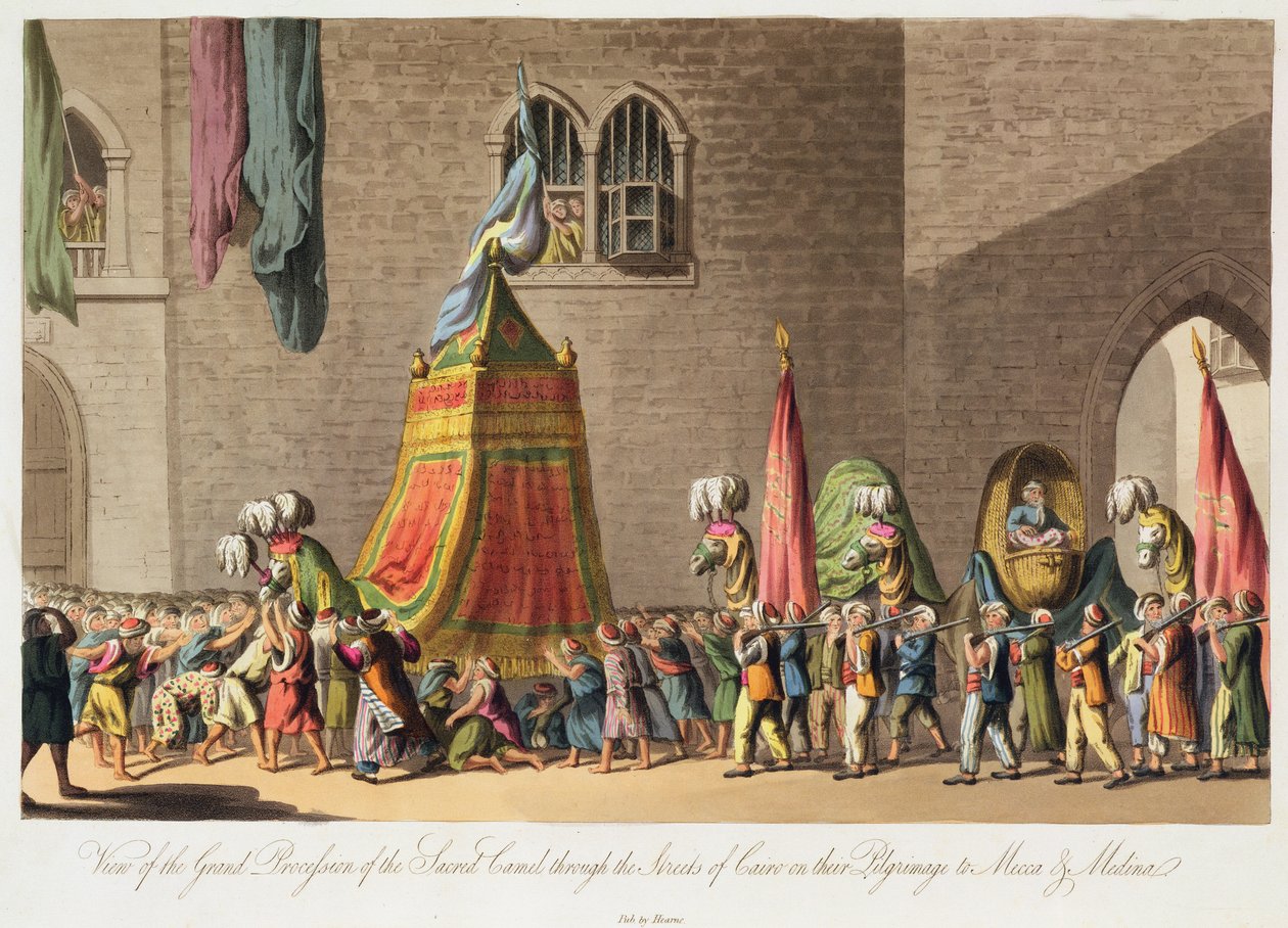 Ansicht der großen Prozession des heiligen Kamels durch die Straßen von Kairo auf ihrer Pilgerreise nach Mekka und Medina, veröffentlicht 1822 von Cooper Willyams