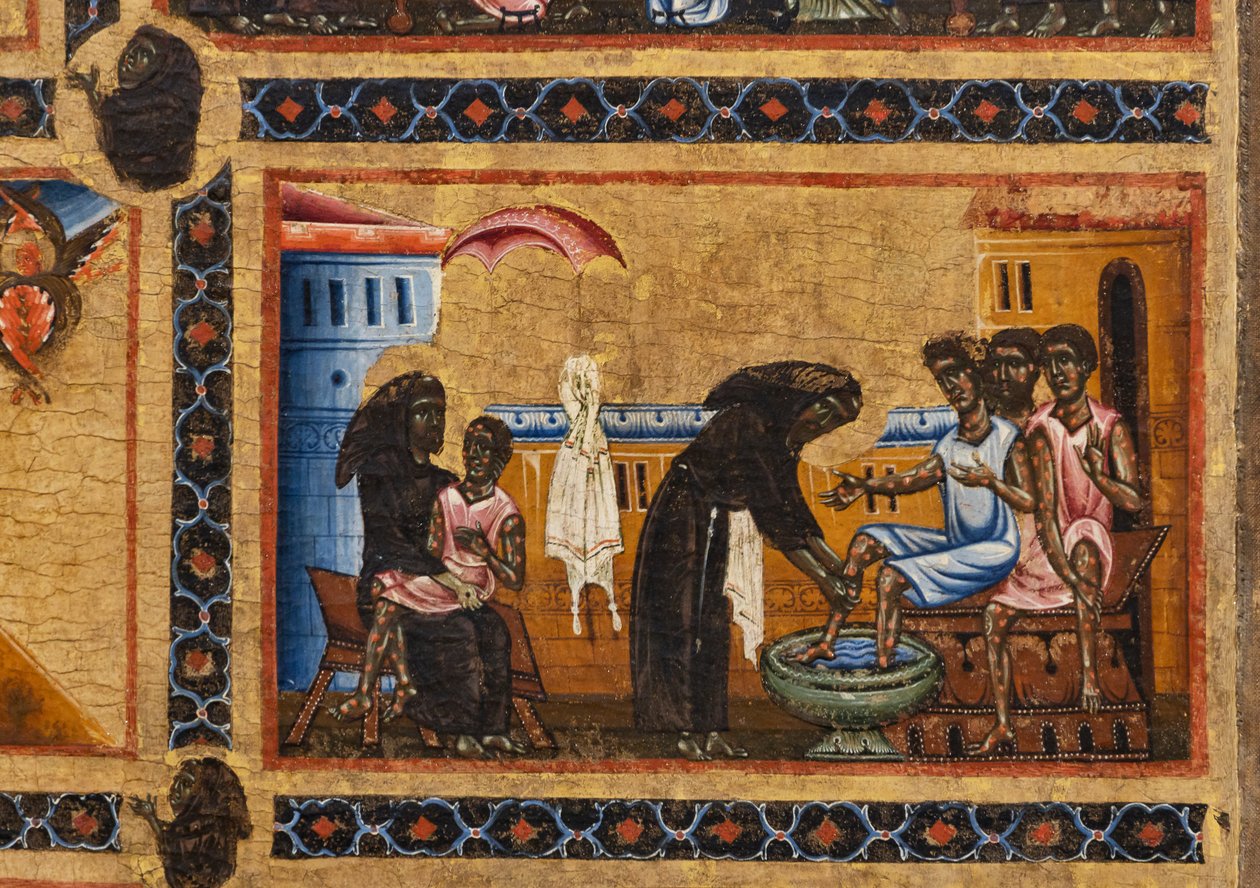 Bardi St. Franziskus Altarbild und zwanzig Geschichten seines Lebens, Die Bardi-Kapelle, Detail des Heiligen, der Leprakranke lehrt, während er einen in seinen Armen hält und die Füße der anderen wäscht von Coppo di Marcovaldo