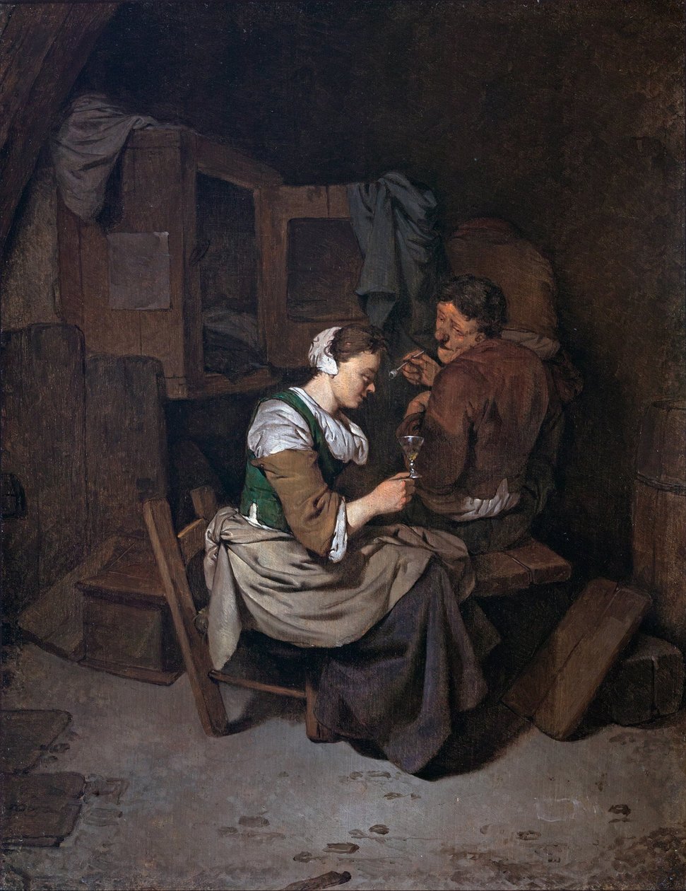 Frau mit Weinglas und zwei männlichen Bauern von Cornelis Pietersz Bega