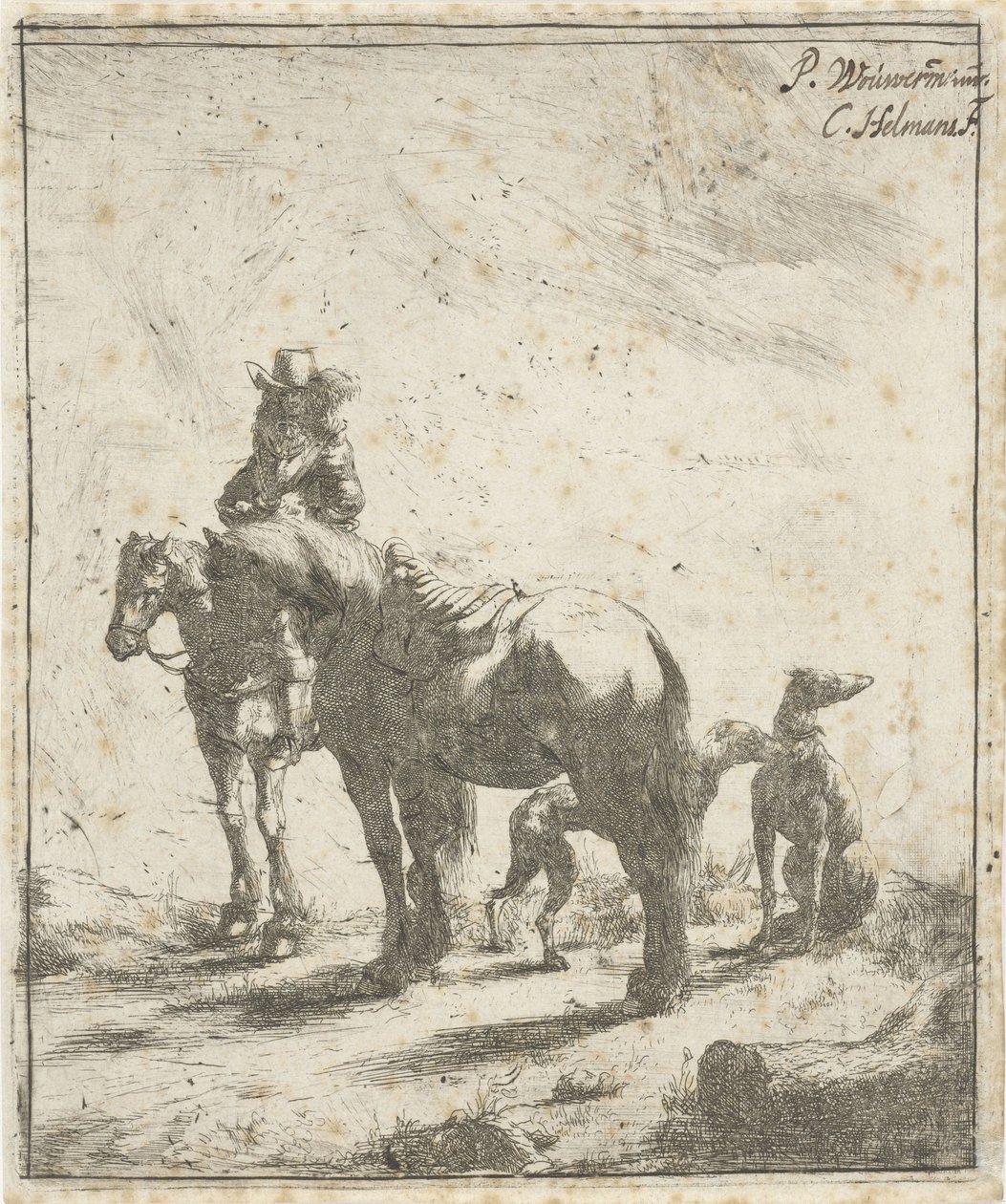 Reiter mit zwei Pferden und zwei Hunden von Cornelis A. Hellemans