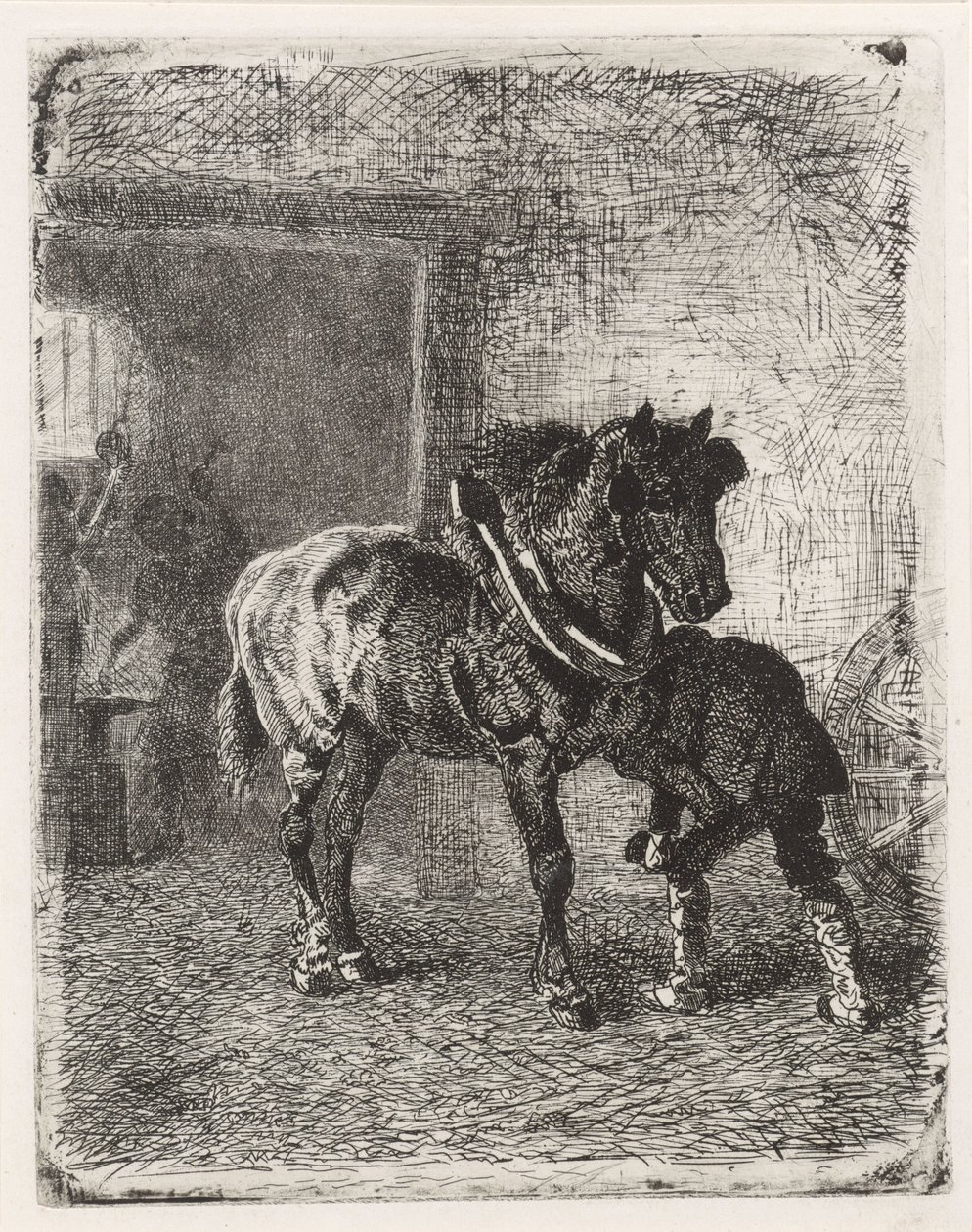 Pferd bekommt Hufeisen in einer Schmiede von Cornelis Albertus Johannes Schermer
