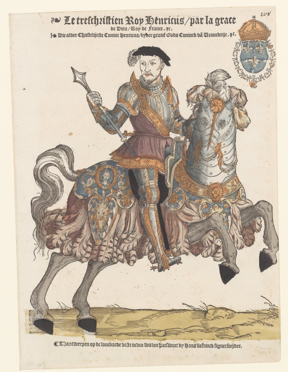 Porträt von Heinrich II. von Frankreich in Rüstung zu Pferd, nach rechts von Cornelis Anthonisz. (manner of)