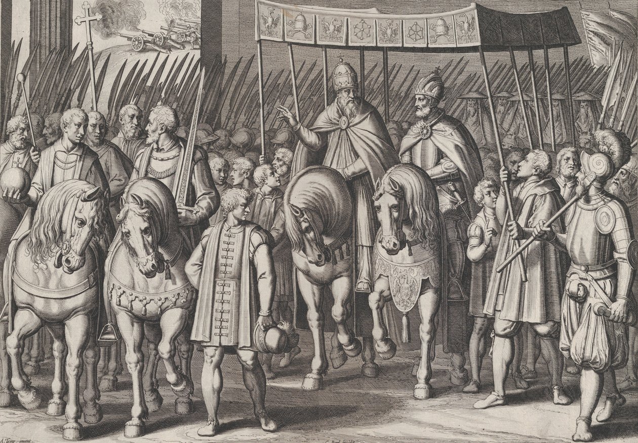 Tafel 3: Karl V. gekrönter Kaiser, der mit dem Papst in Rom einzieht, aus den Triumphen von Karl..., 1614 von Cornelis Boel