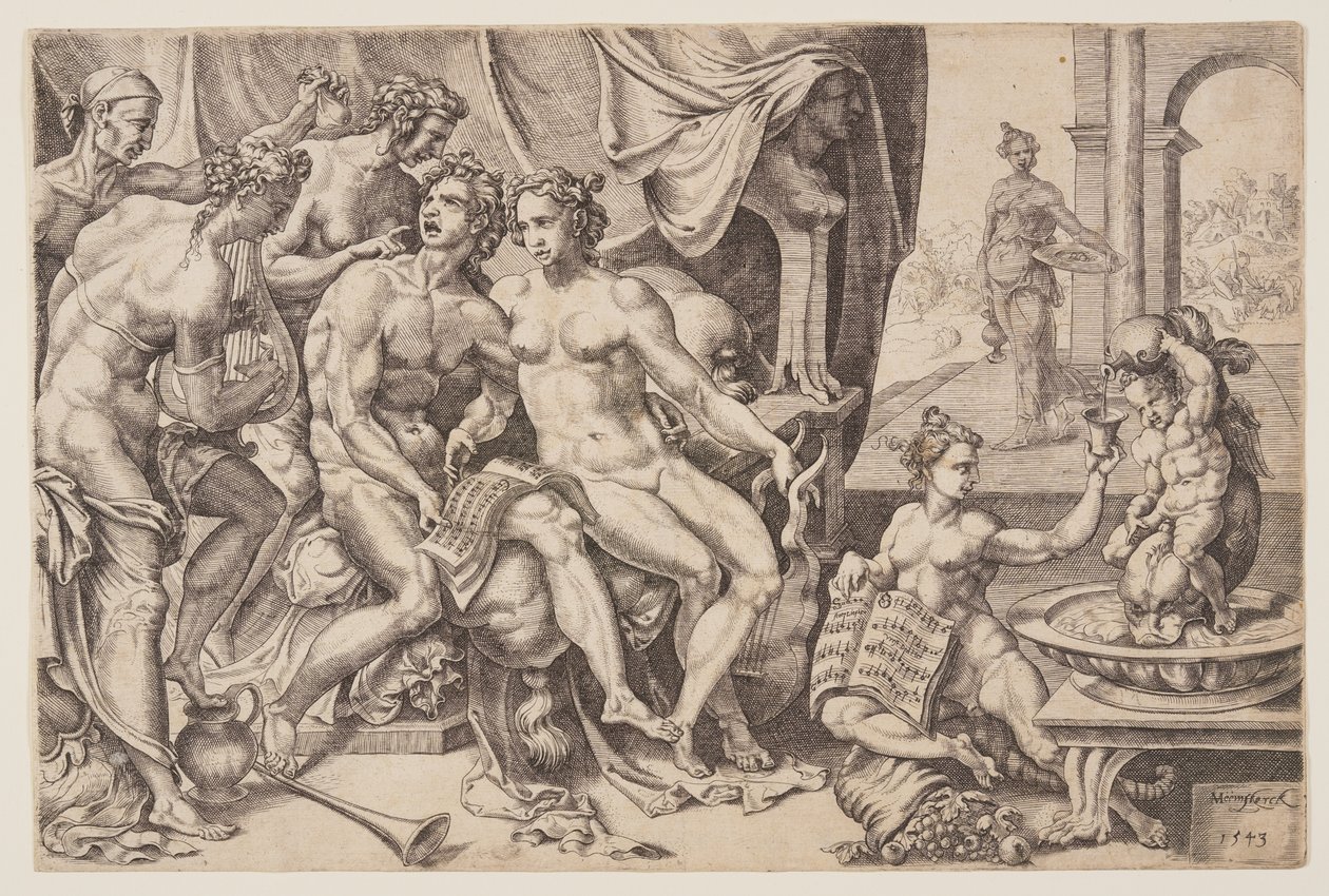 Der verlorene Sohn verschwendet sein Erbe an Huren von Cornelis Bos