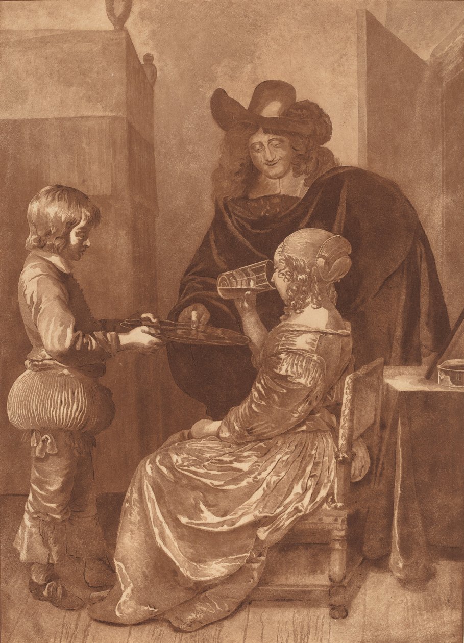 Kavalier und Dame mit einem Pagen, 1779, veröffentlicht 1781 von Cornelis Brouwer