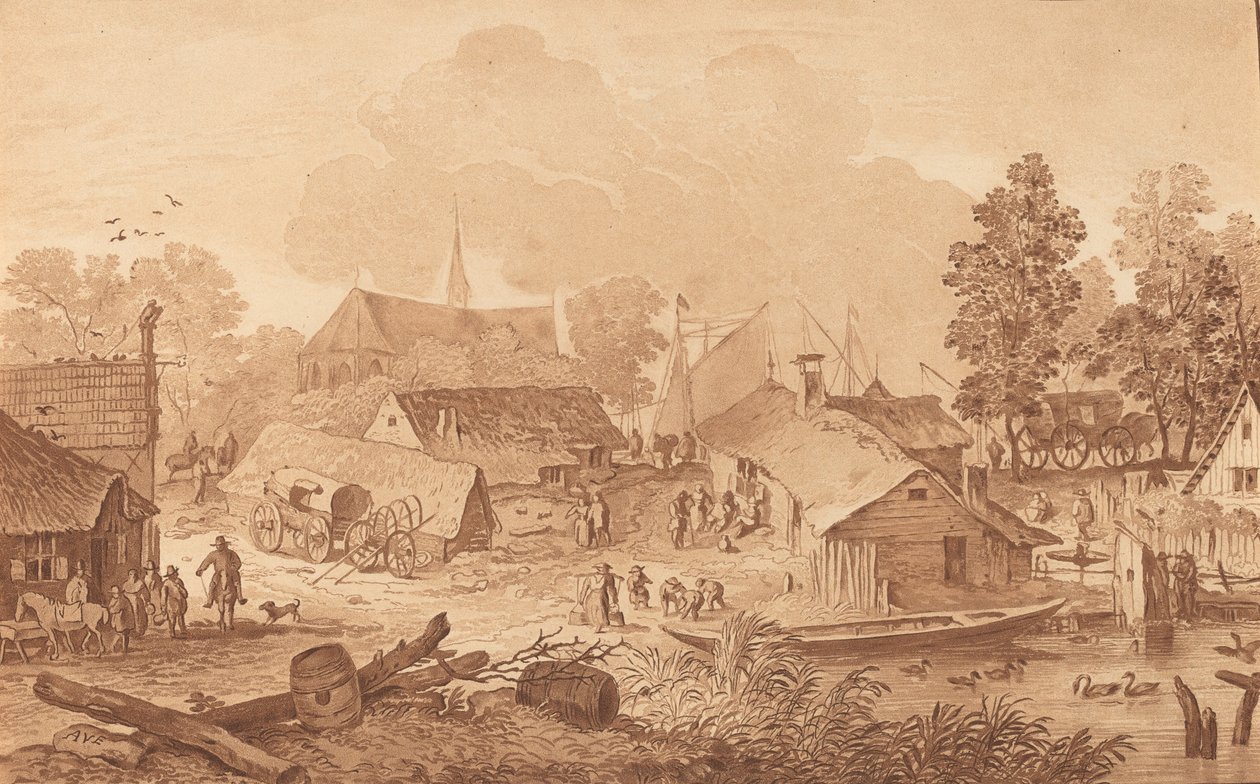 Dorf mit Teich, ca. 1782 von Cornelis Brouwer