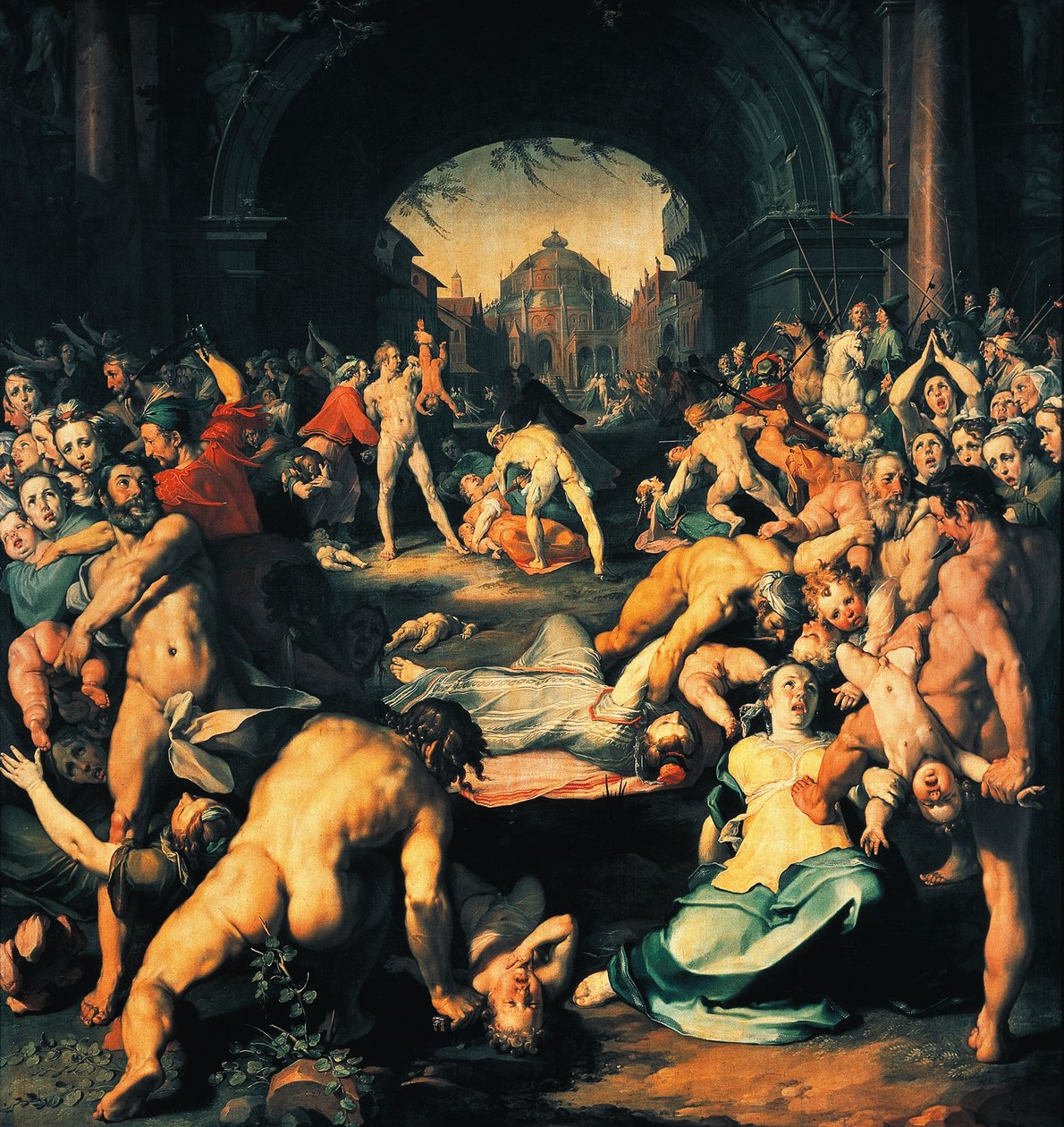 Massaker der Unschuldigen, zentrales Panel des Triptychons von Cornelis Cornelisz. van Haarlem