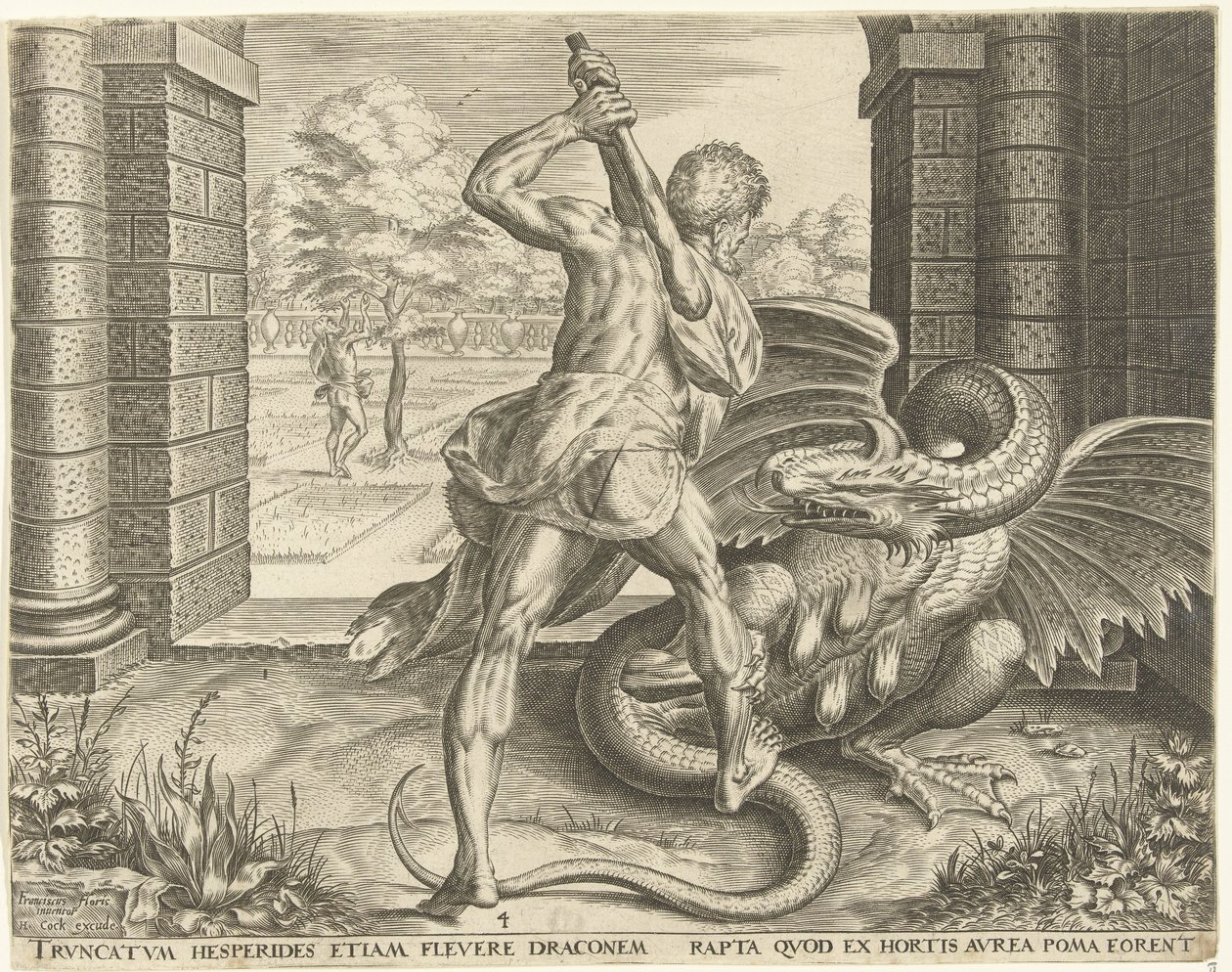 Herkules stiehlt die goldenen Äpfel der Hesperiden von Cornelis Cort