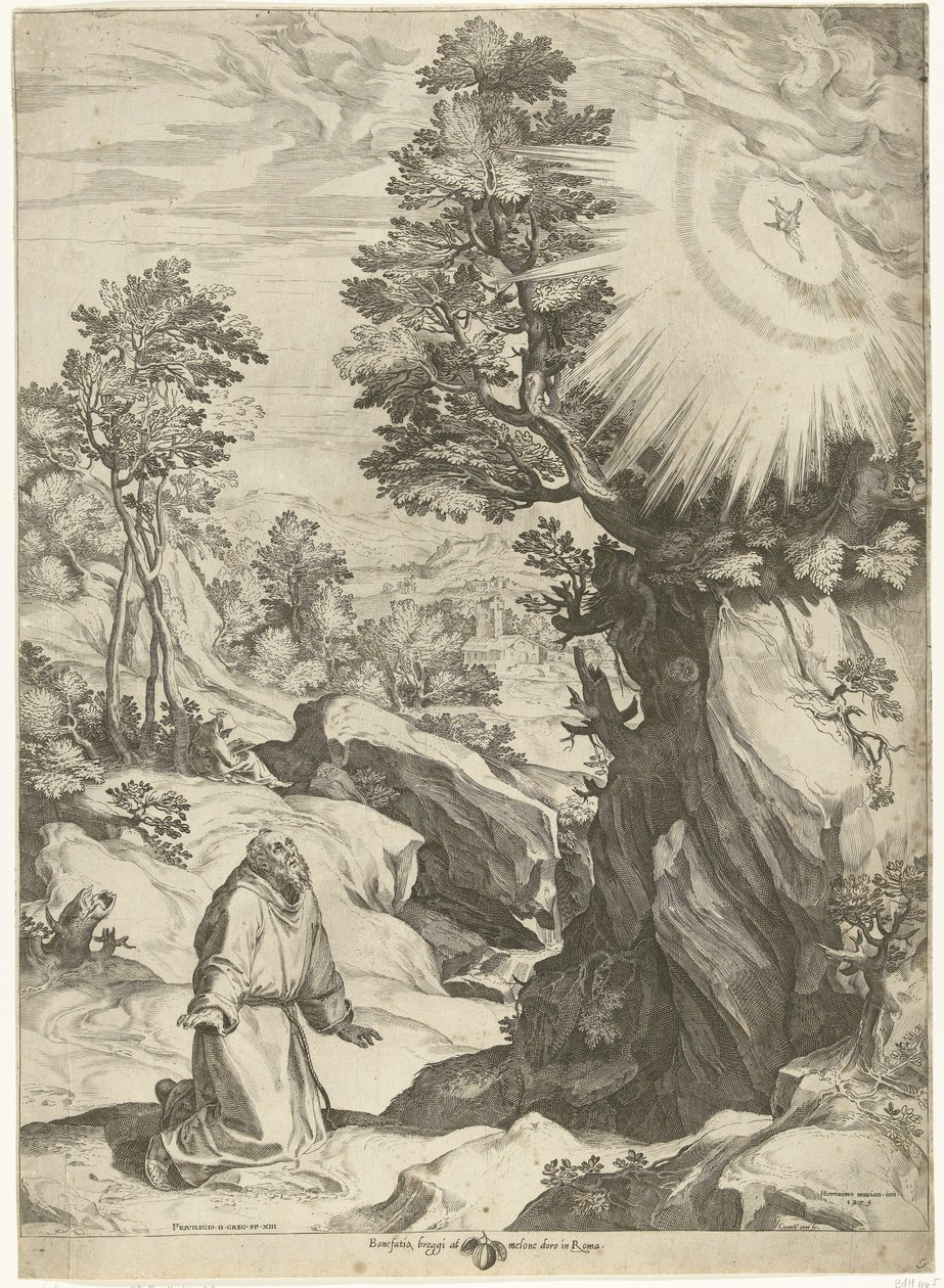 Landschaft mit der Vision des Hl. Franziskus von Assisi von Cornelis Cort