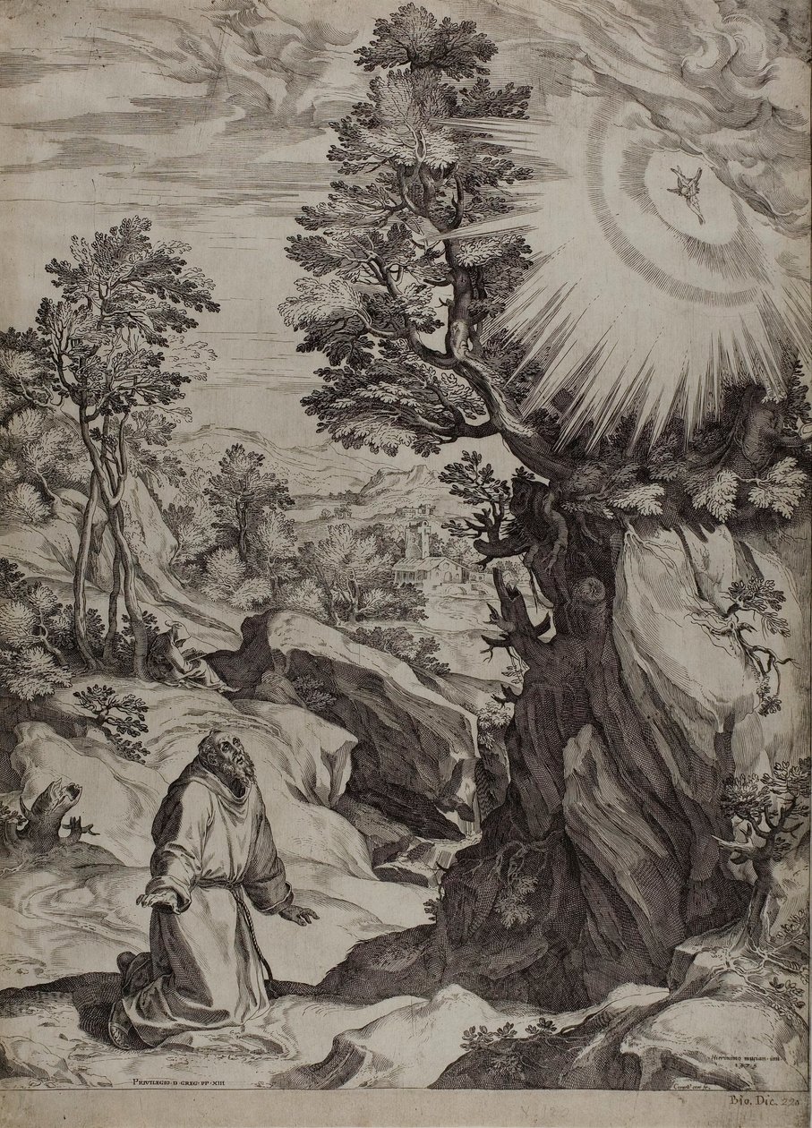 Der heilige Franziskus als Büßer in einer großen Landschaft von Cornelis Cort