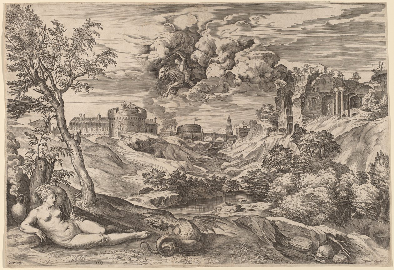 Landschaft mit Roger, der Angelica befreit von Cornelis Cort after Titian