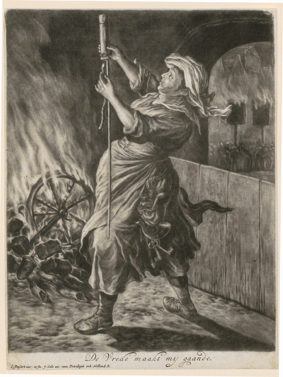 Eine Frau zündet eine Leuchtrakete, Blatt 5 der Folge "Allgemeine Freude über die Belagerung von Namur durch Wilhelm III. 1695" von Cornelis Dusart